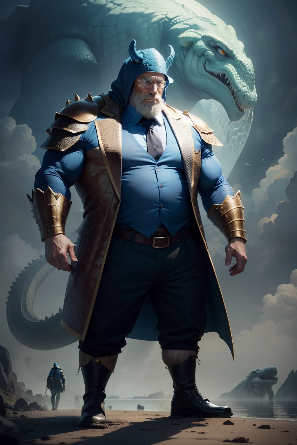Putin，a old man，Big chest，wearing an outfit，Wearing crocodile dragon armor，Wearing a crocodile head hat，muscle men， Man ，Wear half-moon glasses，Realiy，Blue whale in hand，Full body photo