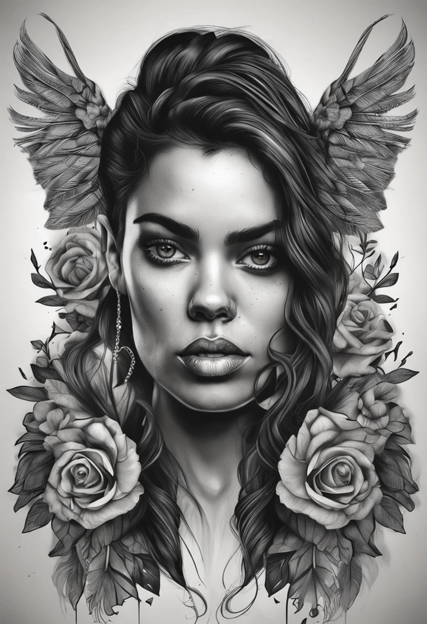 "Realistic black and gray tattoo artwork with black hair."