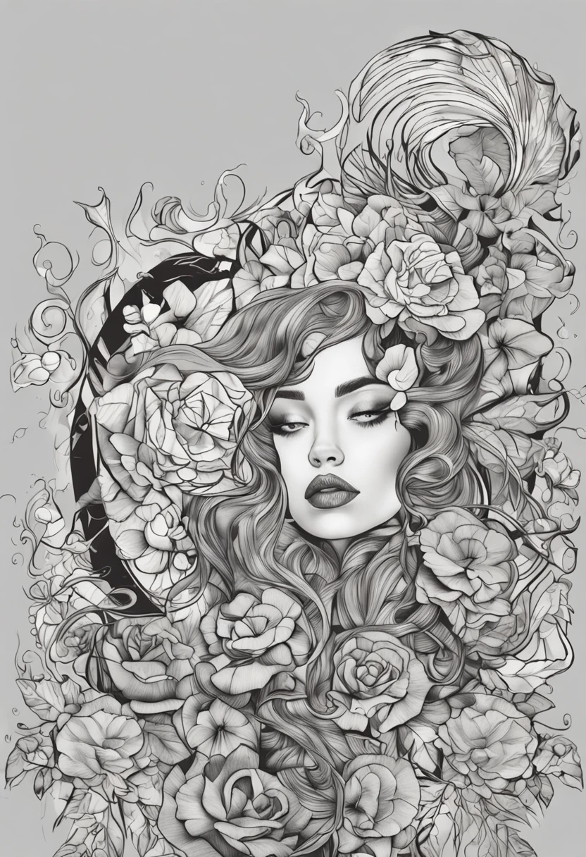 "Realistic black and gray tattoo artwork with black hair."