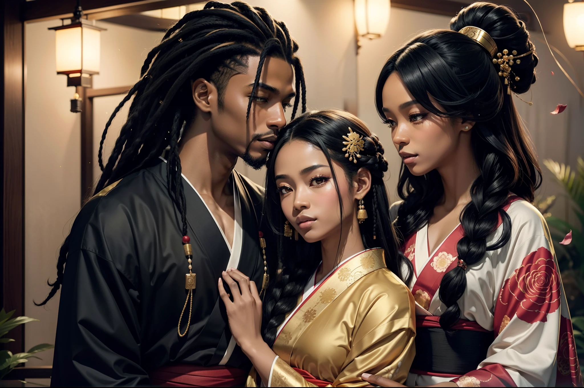 "Create a striking digital art piece that celebrates black culture and romance in an anime-inspired style. Portray a serene scene with a river, abundant trees, and falling rose petals. The main focus is a passionate couple - a man and a woman with beautifully light black skin. The man possesses a distinctive appearance with forward-facing white dreadlocks that have a Love Craft twist. He wears a Love Craft-influenced Japanese yukata, his hands tenderly placed on the woman's waist. The woman's hair, a gorgeous display of black hair adorned with golden beads, cascades gracefully. She wears a captivating traditional Japanese kimono, embellished with Love Craft elements. The artwork should captivate viewers with its perfect lighting, harmoniously blending black culture and anime aesthetics, while showcasing the couple's romantic connection."