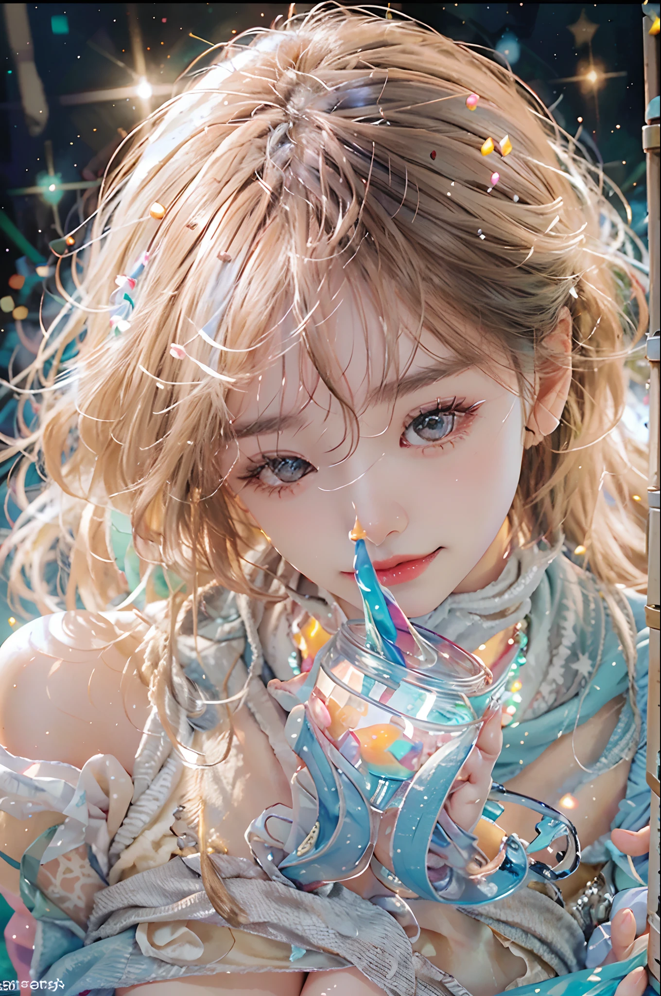 (Fluorescent color:1.4),(semi transparent:1.4),(retro filters:1.4),(fanciful:1.4),(photograph of a woman,1girll:1.2),cropped shoulders,cinmatic lighting, ssmile,short detailed hair,Black shawl straight hair,46 points oblique bangs,High-definition detail、Hyper-detailing、cinematic ligh、ultra-realistic realism、Soft light、Deep field focus bokeh,s the perfect face,beauitful face,beautidful eyes,((Perfect female body)),Candy World Disneyland,aethereal、softness、fluffly、Soft landscape,Pastel pink sky,Green and blue luster,Ethereal light powder,Whimsical rainbow brilliance、As estrelas,diamond sparkles,Gemstone background,(Ultra photo realsisim)、(Super quality)、cinmatic lighting,huge detail,full HD painting,well-illuminated,