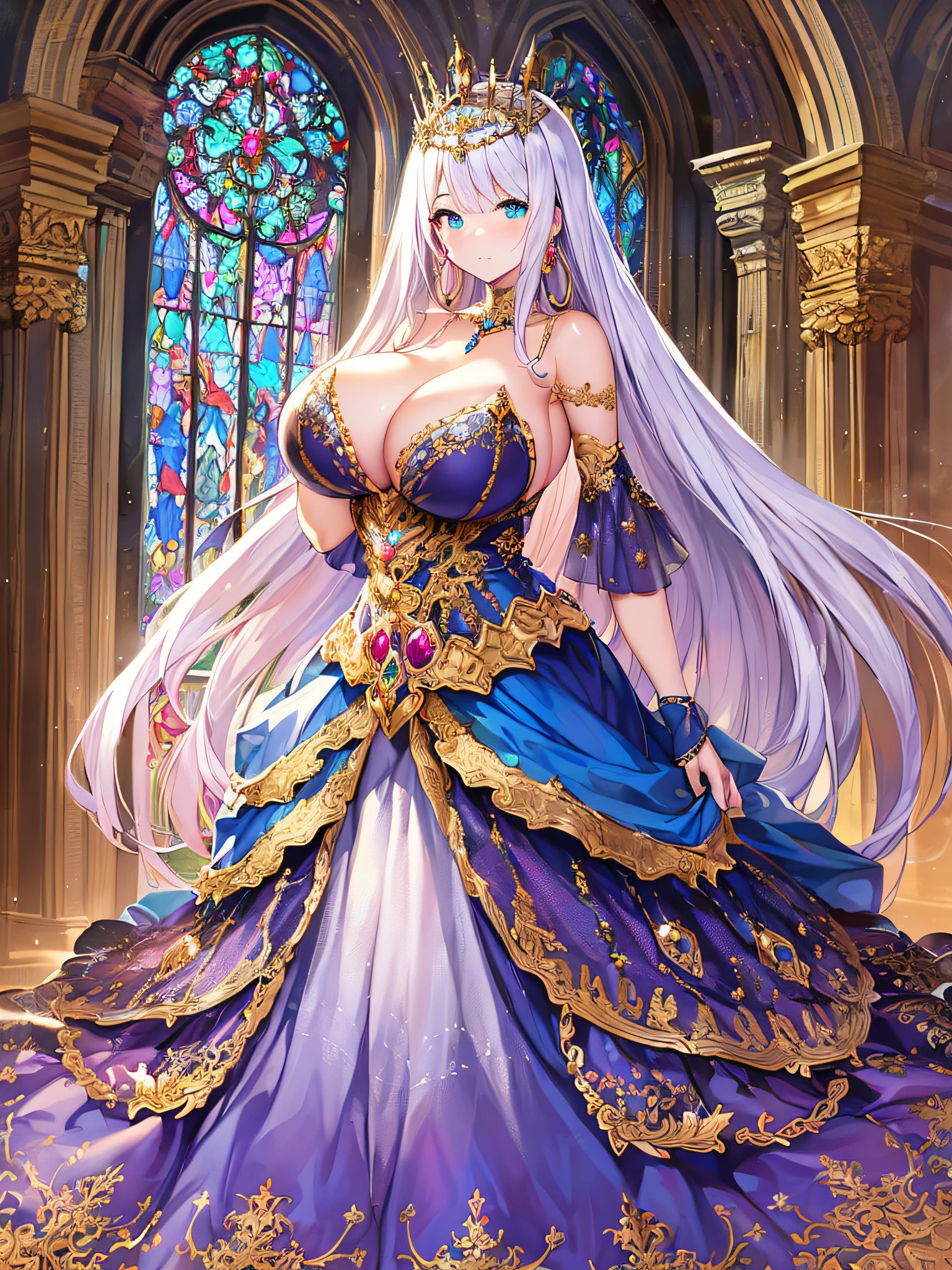 (anime artstyle),((Masterpiece,Best Quality,Super Detail,Very Delicate and Beautiful)),Solo,((full body,standing picture)),standing in the sacred cathedral,((Sacred atmosphere)),((1 holy queen in beautiful embroidery and jeweled gorgeous rococo ballgown dress with voluminous full length hoop skirt)),(crinoline),gorgeousfull embroidery,(gorgeous gemstone jewelry),(detailed face and eyes),jewel-like eyes,((large amount of straight hair,extremely Long voluminous Hair)),((gigantic tits,Long tits,skindentation)),gorgeousfull embroidery,cleavage,extremely gorgeousfull hair ornament,(bling-bling extremely gorgeousfull jeweled tiara),gorgeous corsage,Stained glass,(Dynamic Angle),Looking at viewer,((full body)),((beautiful embroidery and jeweled gorgeous rococo ballgown dress with voluminous full length hoop skirt))