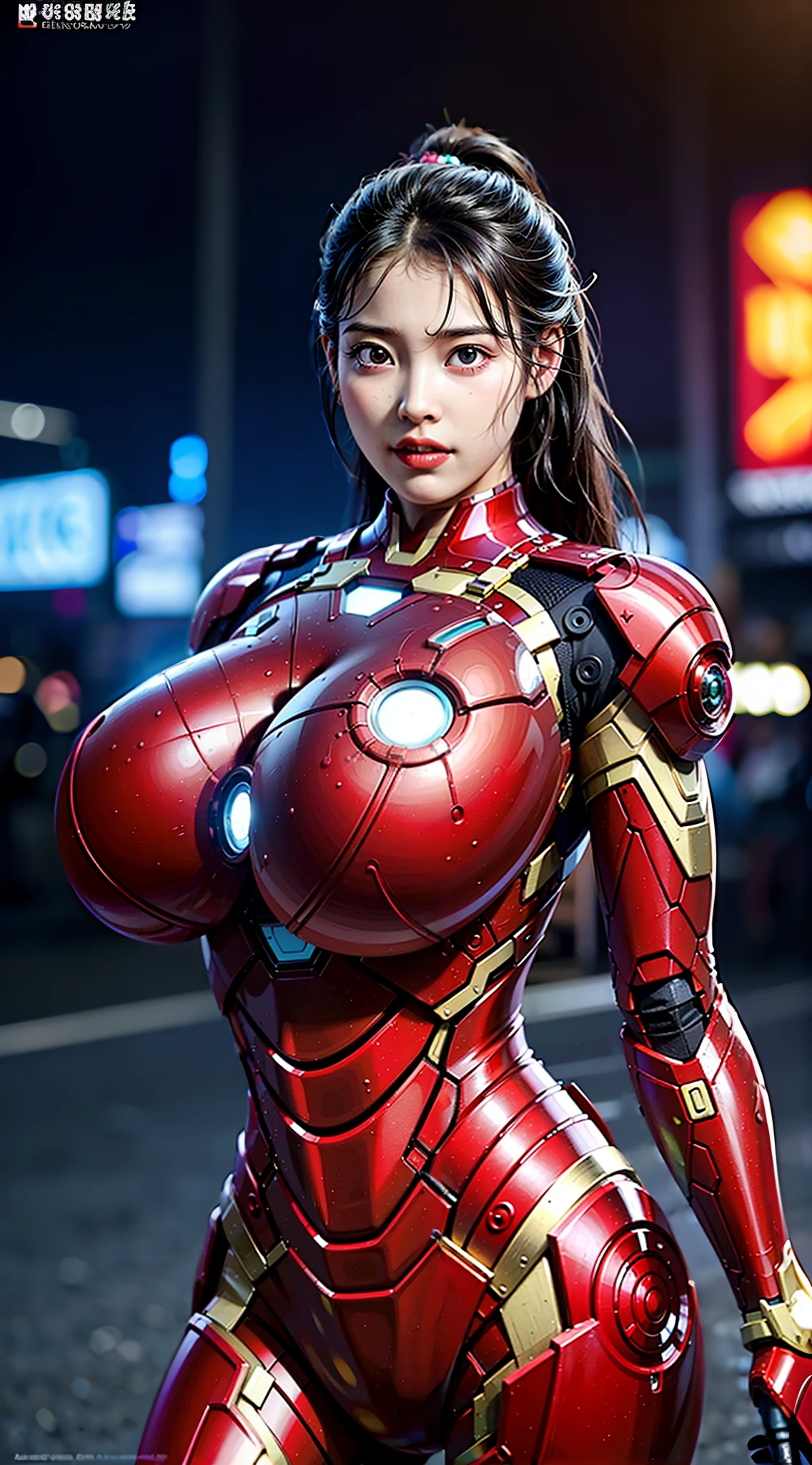 8K,realisticlying,Glamorous,The is very detailed,A 20-year-old girl,(((huge tit))),(((Large breasts))),a sexy and charming woman,(((huge tit))), (((Large breasts))),inspired by Iron Man,(((huge tit))),(((Large breasts))),Wearing a shiny Iron Man mech。She dresses to show sexiness and confidence,It perfectly interprets the power and charm of Iron Man。Abandoned warehouse as background,It creates a unique atmosphere,Highlight her bravery and perseverance。Buildings、Small building on the street,Exudes cyberpunk charm,The glow of neon lights outlines the city,It brings out the great power and personality of Iron Man。This one is high definition、High-quality images will give you a stunning visual enjoyment,Will be sexy、Futuristic and sci-fi elements are a perfect combination。oc rendered,dramatic lights,Award-winning quality,(((huge tit))),(((Large breasts))),