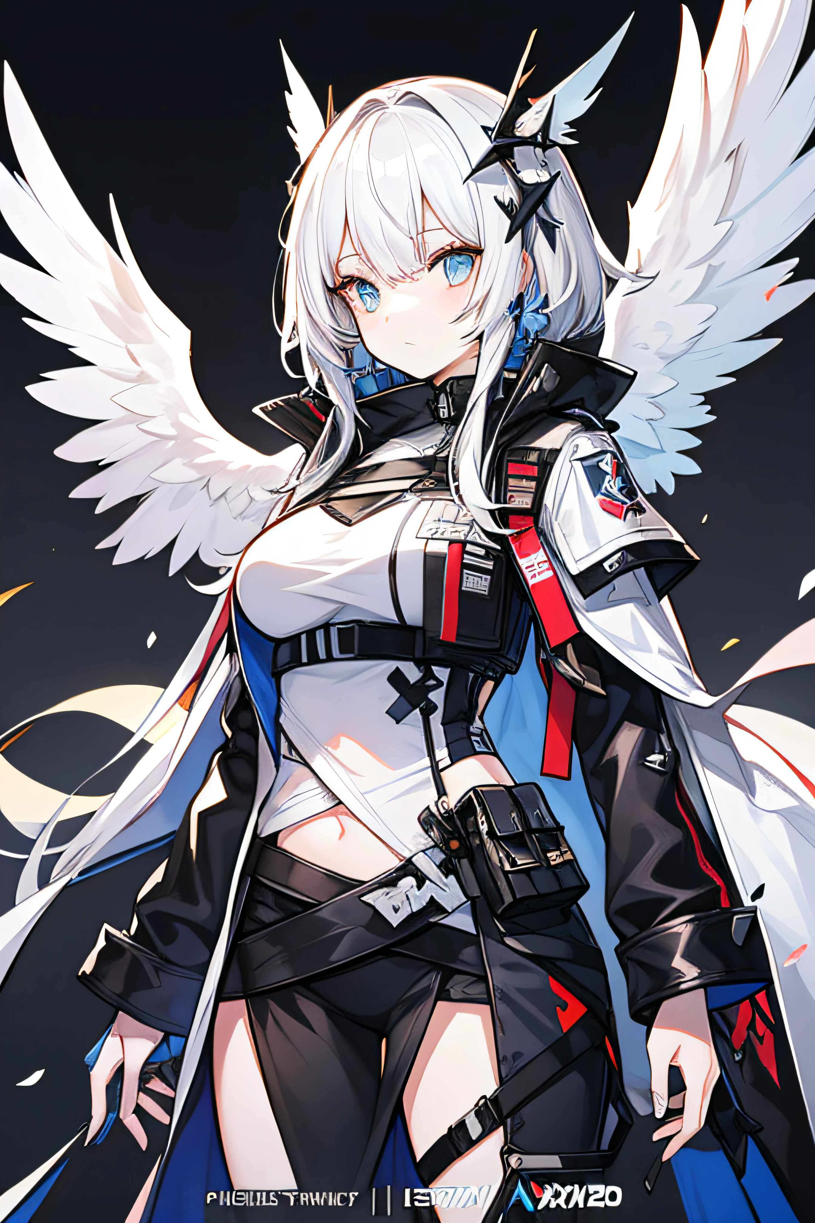 Comic book character with white hair and white wings on black background, concept art by Shitao, pixiv contest winner, neoism, From Arknights, White-haired god, big white glowing wings, high detailed official artwork, trending on artstation pixiv, Digital art on Pixiv, from girls frontline, girls frontline universe, official character art, Official artwork