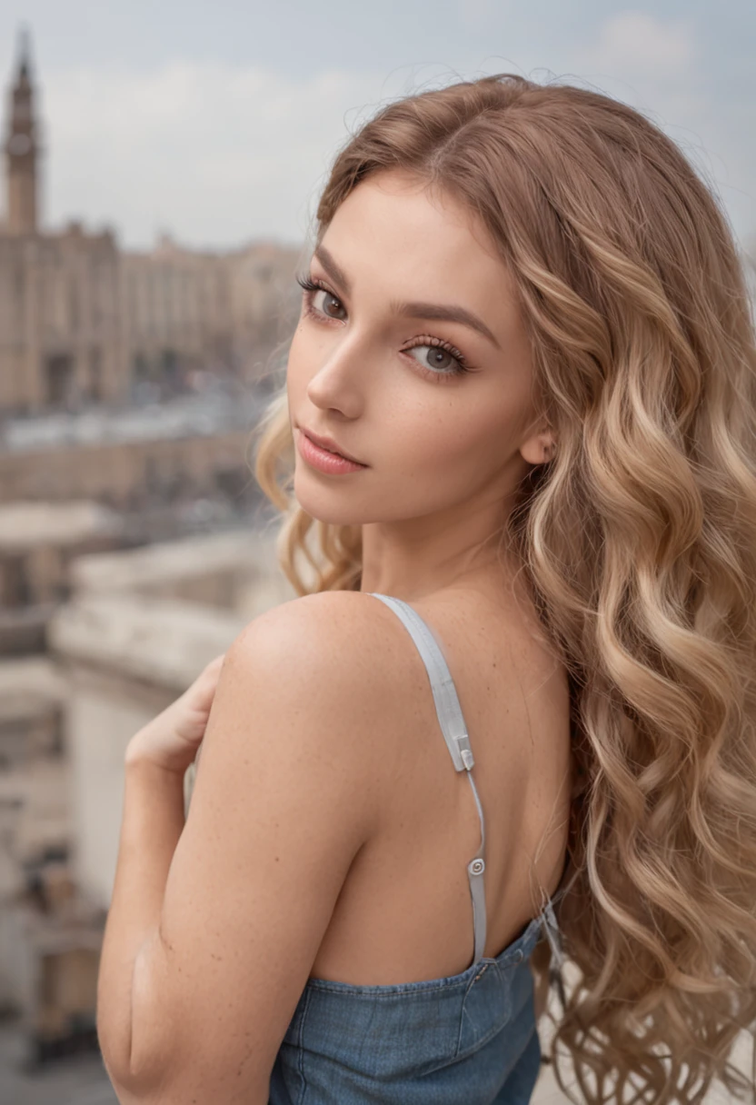 Sexy woman, 20 years old, slim, athletic, tanned skin, big breasts, narrow waist, curly blonde hair, instagram model, realistic, instagram picture, photography, genuine, natural. dubai scenery, tall buildings hands holding hair behind her head