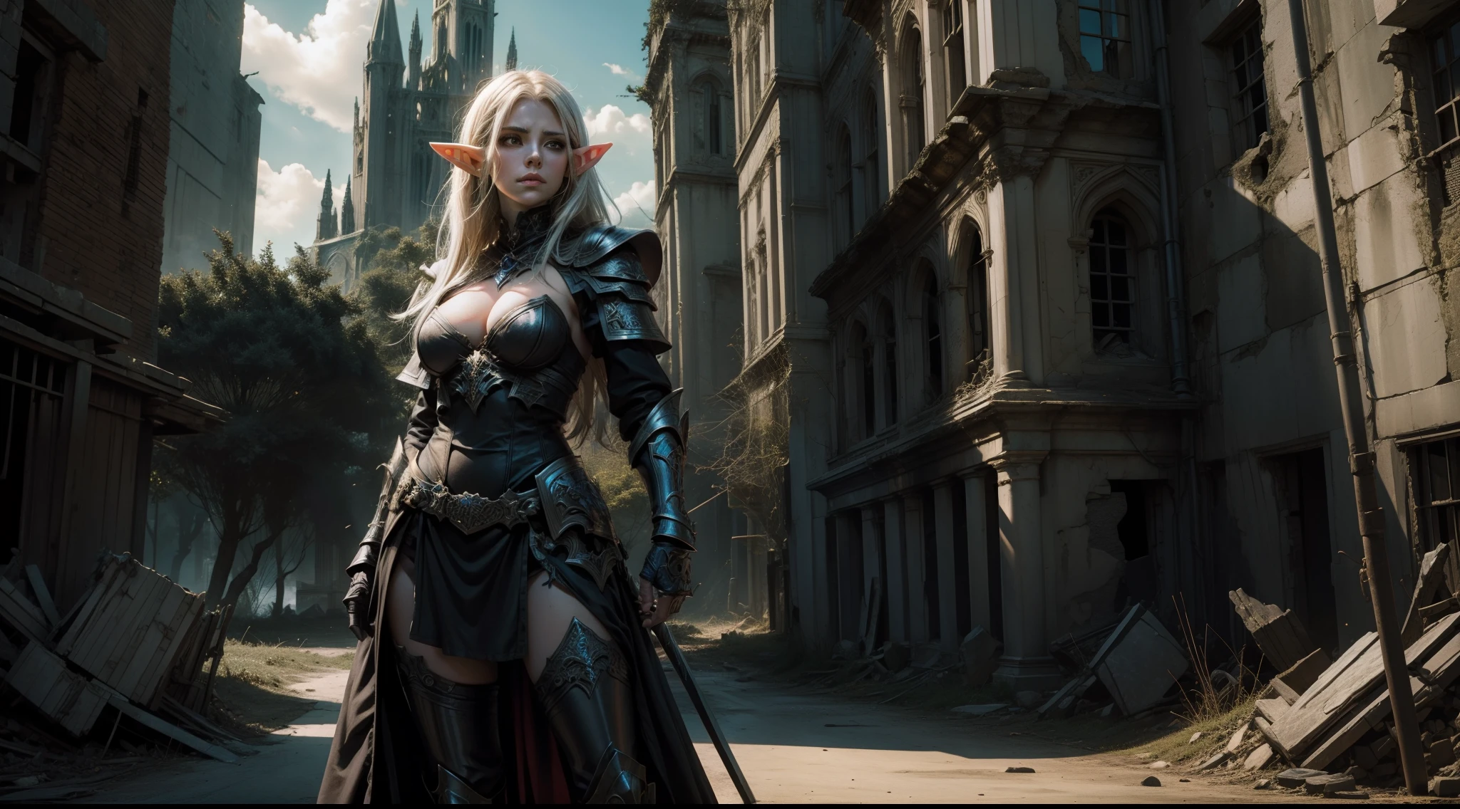Female elf，Large breasts，Black armor，magia，dramatics，dynamicposes，The background is a ruin，absurderes，mystic symbols，（Mid-range portrait：1.3）