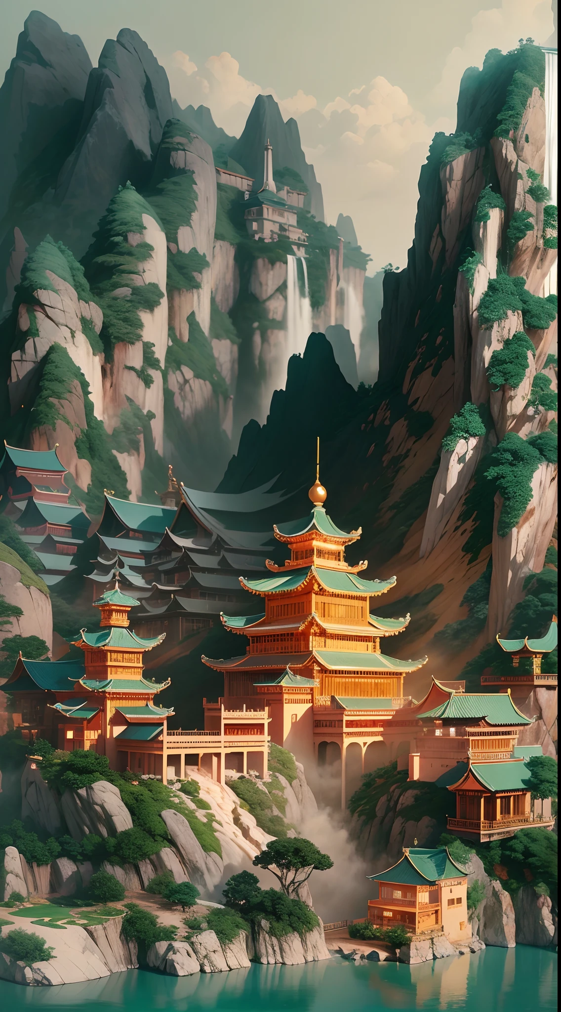 Jade,Gilded mountains,(Paper carving:1.5),Tilt-Shift,(Cloud fog:1.3),(Aerial viewing angle),Soft lighting,Dreamy,white colors,golden colored,Traditional Chinese color scheme,reasonable design,Clear lines,High sharpness,Best quality,Very detailed,Masterpiece,offcial art,movie light effect,4K
