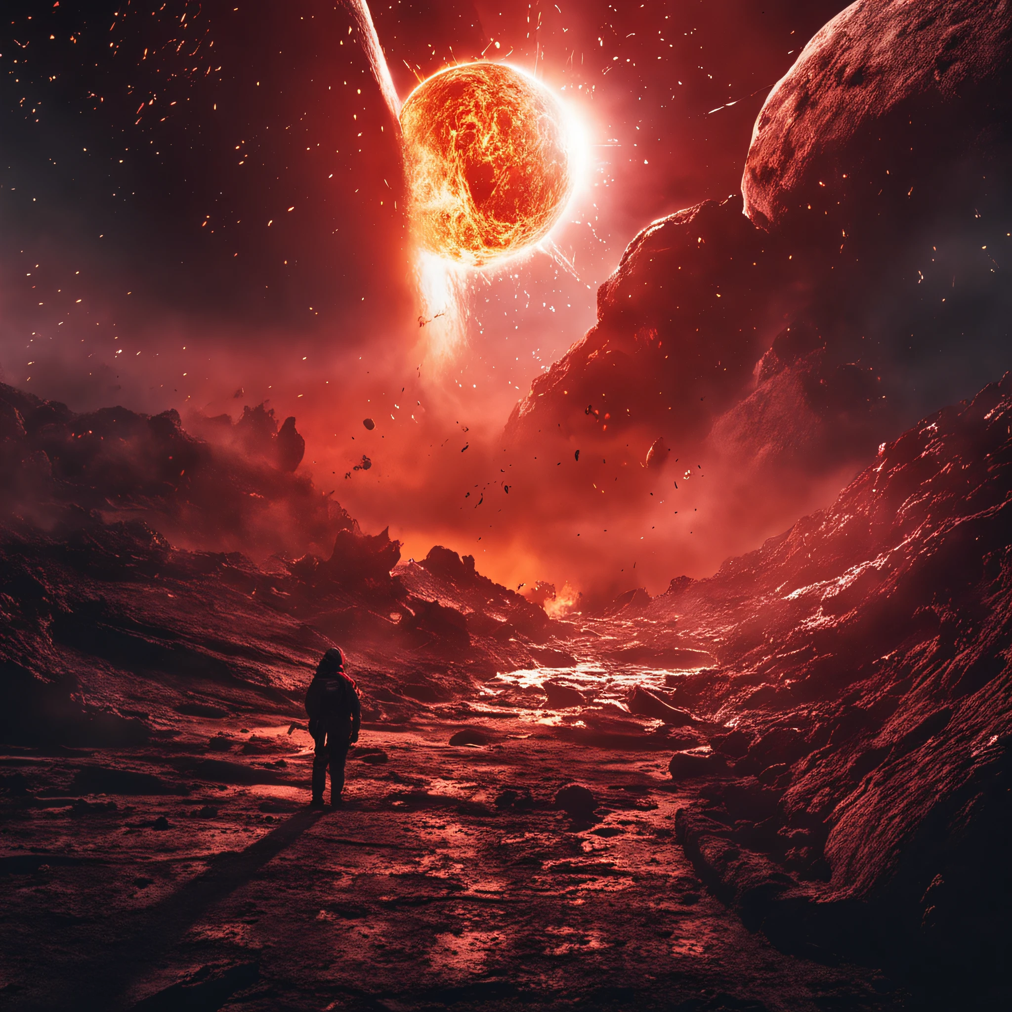 ((Best quality)), ((Masterpiece)), (dramatic scene), The Earth and the Sun collapse into black holes like the Sun, (Latter-day lighting:1.3), The sun darkens when ejected, (Epic composition:1.2), Earth bathed in red light, (CG animation:1.1), Flames and debris are inhaled, (Emergency atmosphere:1.2), People fleeing by boat, (movie atmosphere:1.3), Nebulae and galaxies in the background, (High contrast:1.1), (8K resolution:1.0),Five verses