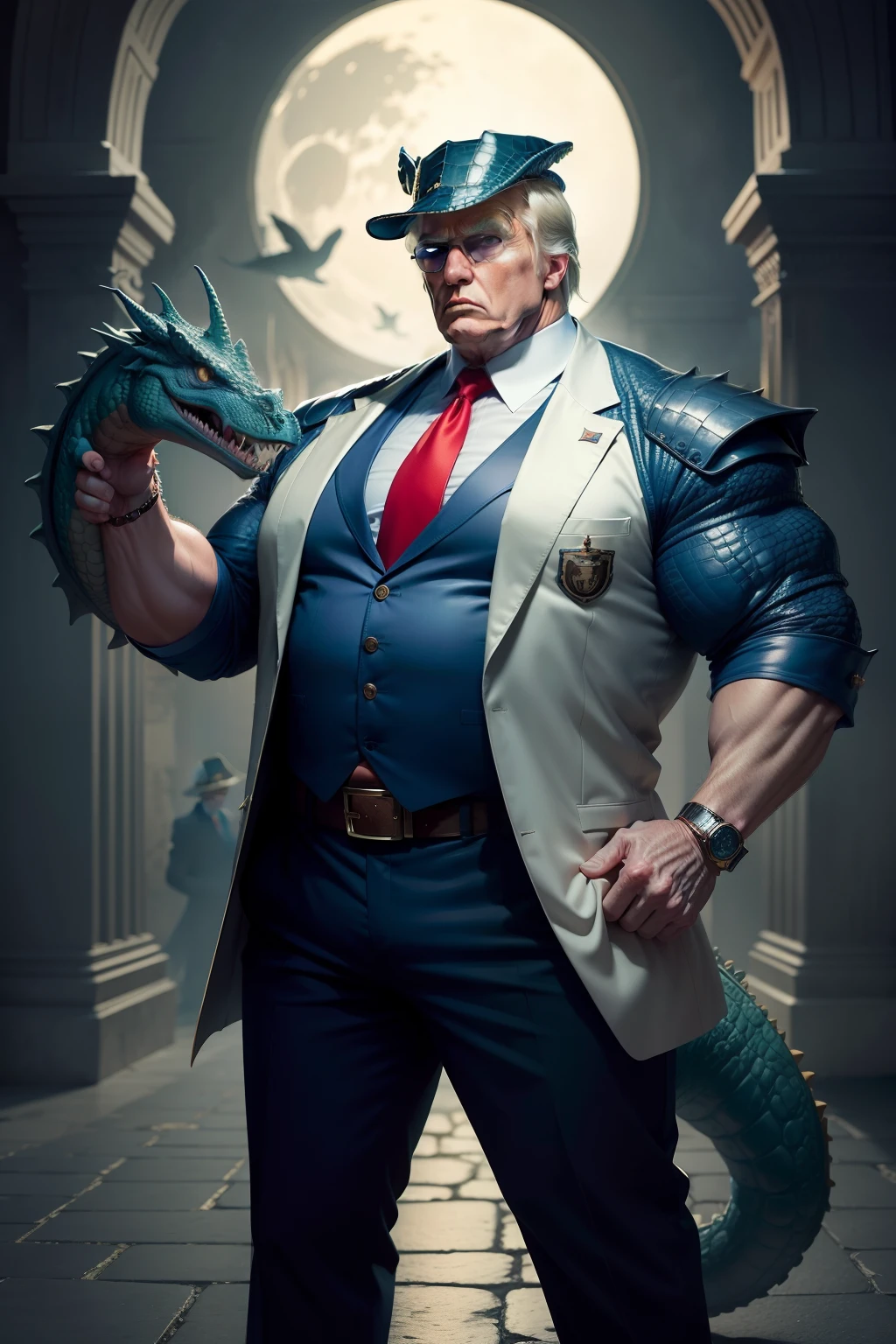 Realistic image of Donald Trump,Ultra-realistic quality,a old man,Big chest,wearing an outfit,Wearing crocodile dragon armor,Wearing a crocodile head hat,muscle men, Man ,Wear half-moon glasses,Realiy,Blue whale in hand,Full body photo