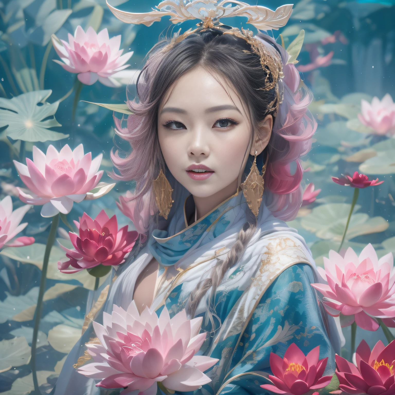 32K(tmasterpiece,k hd,hyper HD,32K)curlies,Flowing rouge,Lunar soil pool,zydink, a color, Kunlun Snow Mountain people (Naked female big breast), Souvenirs(Blue and white scarf), Combat posture, looking at the ground, Large rolls of rouge, Flowing rouge curls,Gold filigree headdress, Chinese long-sleeved cotton garment, (abstract ink splash:1.2), Pink lotus background,Water lily flower protector(realisticlying:1.4),Rouge hair,Autumn is in full swing,The background is pure, A high resolution, the detail, RAW photogr, Sharp Re, Nikon D850 Film Stock Photo by Jefferies Lee 4 Kodak Portra 400 Camera F1.6 shots, Rich colors, ultra-realistic vivid textures, Dramatic lighting, Unreal Engine Art Station Trend, cinestir 800,Large curls,Flowing rouge