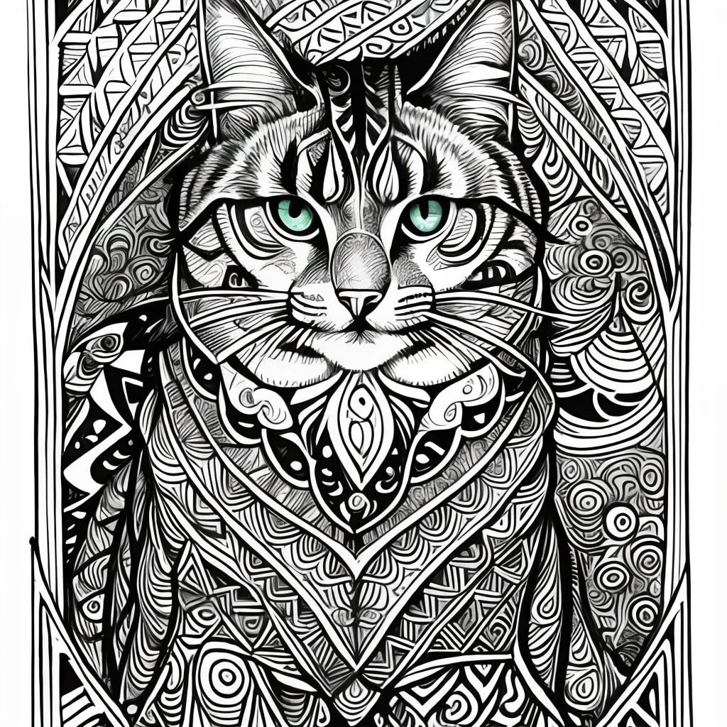 Maincoon cat, (best quality) zentangle, fine line drawing, fine line art, colouring book illustrations, ultra-detailed, intricate linework, highly detailed illustration, perfect composition, beautiful and stunning, dynamic angle, high contrast, incredible shading, incredible detail, unique style, multi colored details, (dark and mystical atmosphere), intricate and detailed nature elements.