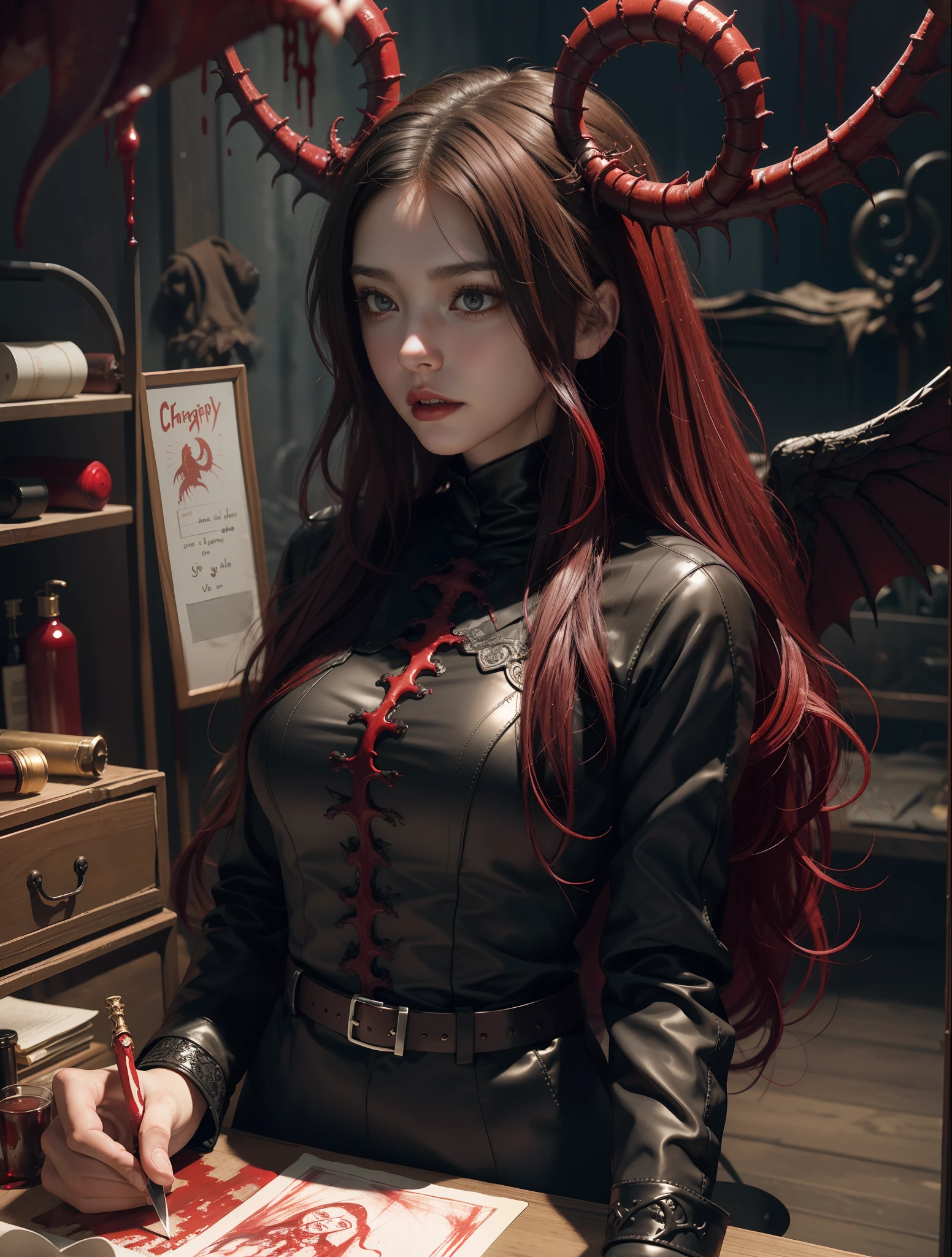 Dark red clothes，Scary environment，Fine matte paint, Skeleton dark angel, big wings, haunted castle on drawing table full of knives, Horror, uncanny, Scary, secret terror, Tentacles, vines, Eyes, uncanny valley effect teeth, all  fours, critters, Blood Moon，hight contrast，Sequin clothes，Going to the toilet，looks away，are standing，embarressed，Be red in the face，Keep one's mouth shut，（girl is peeing self：0.4）
