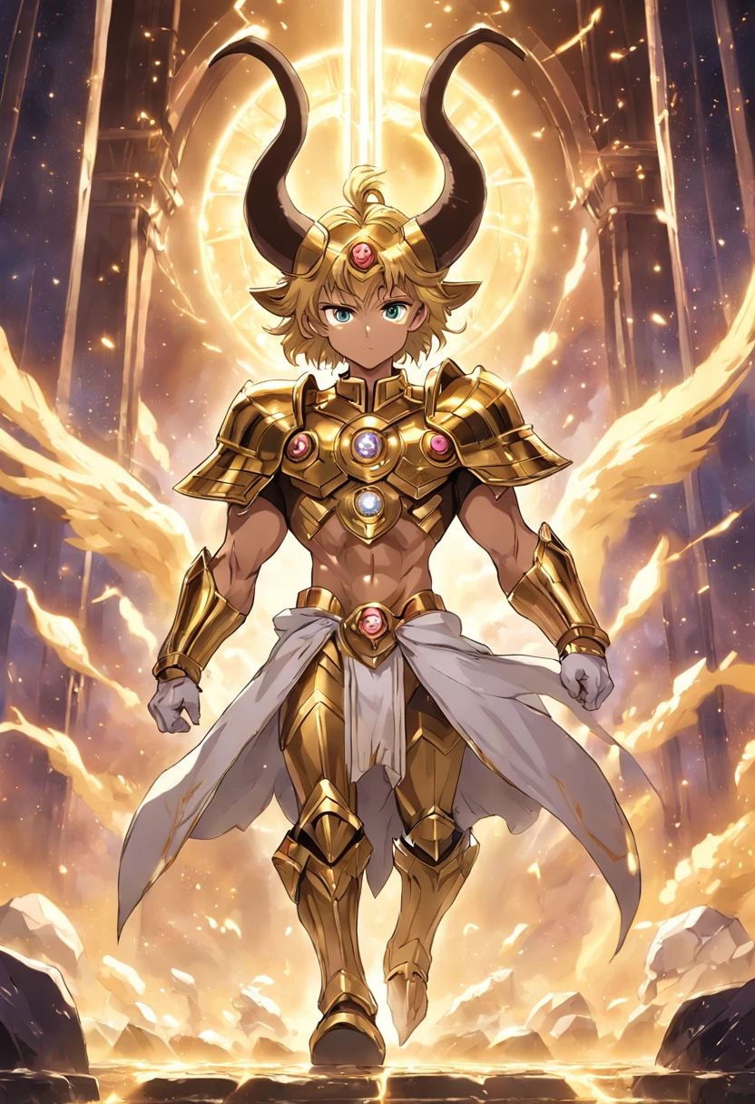 Mu de aries, 1 homem, cavaleiro de aries, Anime Knights of the Zodiac, Anime saint Seyia, imagem fantasia, cavaleiro de aries andando envolto de fragmentos de cristal dourado, fundo templo grego destruido altamente detalhado