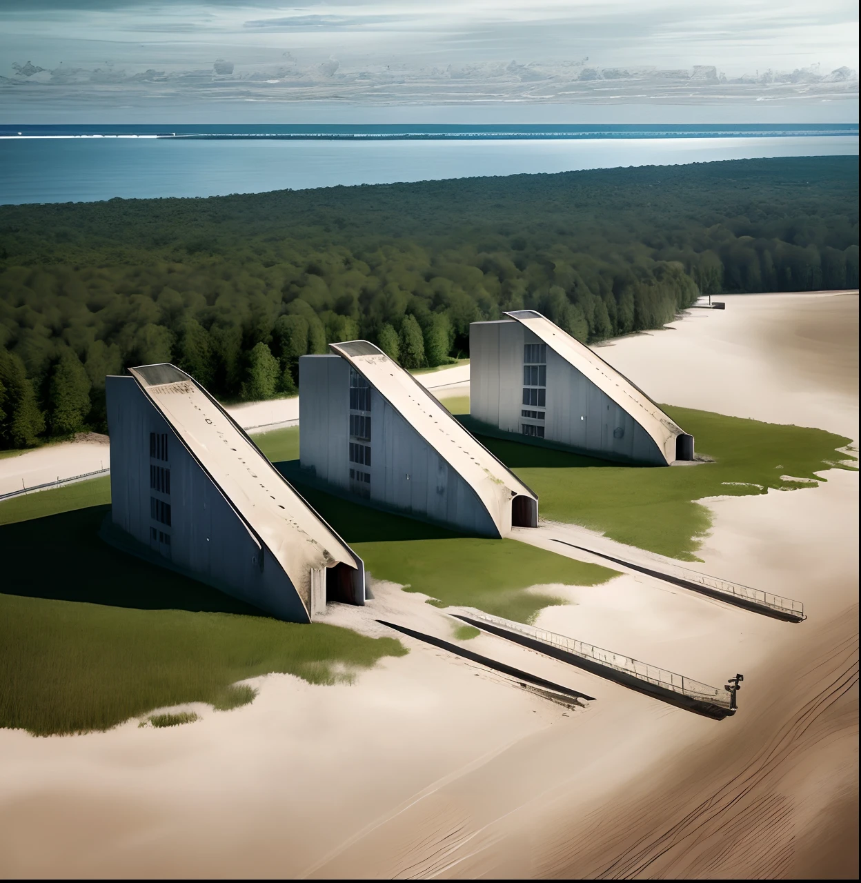 A wide shot with an eerie, brooding feeling of The abandoned military naval port installation "Karosta" north of the Latvian city Liepaja. Huge nuclear submarines a visible. Old concrete bunkers and concrete towers are scattered over the erea, a few scattered sand dunes, and pine woods. you can see the ocean ans some Military ahips. in the style of a 1950s-Swiss railway poster. art deco style combined with Brutalist architectural style.terragen