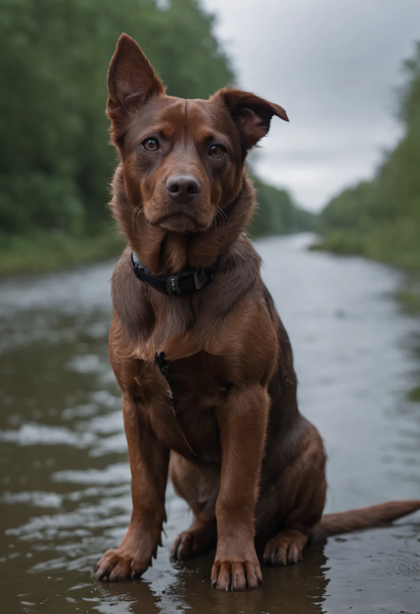 pup, Surreal, Tense, Warm, Highly detailed, sharp, Professional, 8K UHD, movie, Dark, Violent, plein air, River, buttle, chase, Dramatic, Vivid, Tense atmosphere, rendered, epicd, Twilight, nffsw, album covers, blizzard, Lightning, disaster