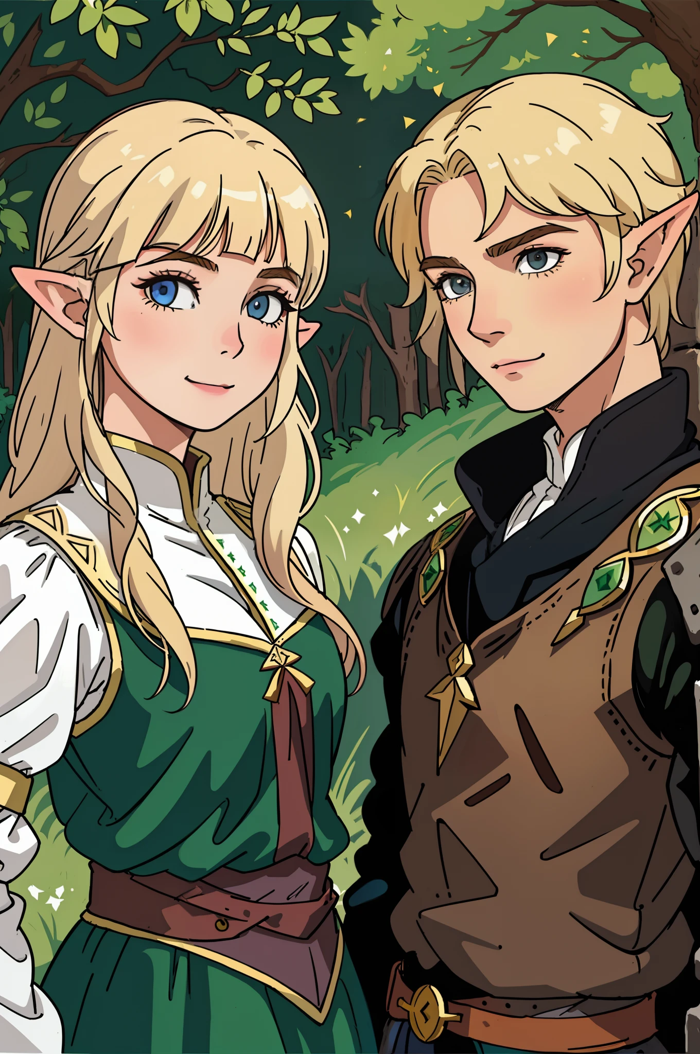 Elven man with blonde hair and elven woman with blonde hair in medieval dress posing for a photo, arte estilo flat, 2D, anime, zelda e link, side portrait of elven royalty, Darius Zawadzki e Tom Bagshaw, Tuomas Korpi e Wlop, Art not Guweiz style, retrato realista do renascimento, Cosplay realista, retrato de alta qualidade, Cosplay Completo, Loish e Wlop, garota sorrindo alegrementem sorriso bonito, (((detalhes das roupas, roupas melhor qualidade)))