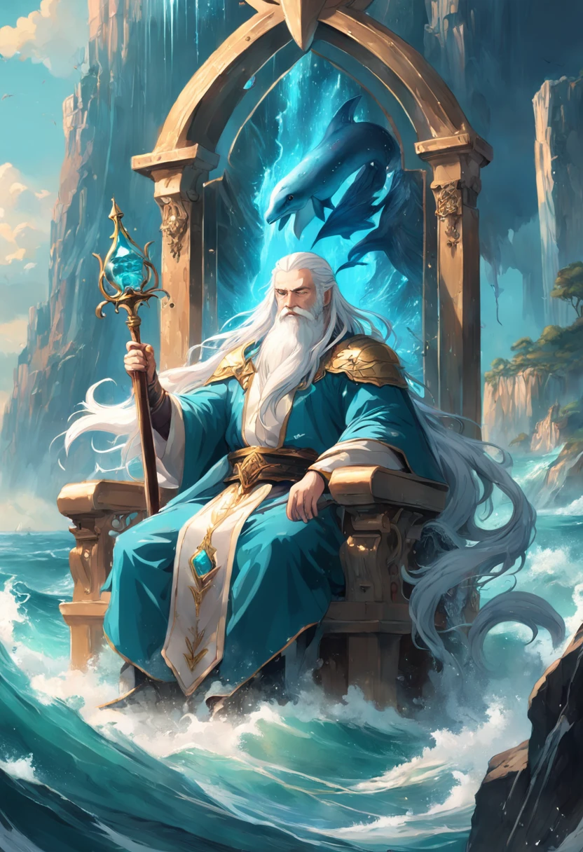 King of Water, He has long white hair and a white beard, Holds a short scepter in his left hand,Holding a decorative cup in his right hand, sat in his throne, Set at sea. Dolphins jump behind. trending on artstationh. fantasy, magical, mistic, See the immortals, Ethereal, Sublime atmosphere, Dreamlike, insanely detailed and intricate, Matte painting, Dramatic lighting, 70mm lense, Detail Love, Good quality, rendering by octane, Unreal Engine 5, Photorealistic, epic look at your scene, Biblical Cinematic Universe.Tilt Blur, shutter speed.