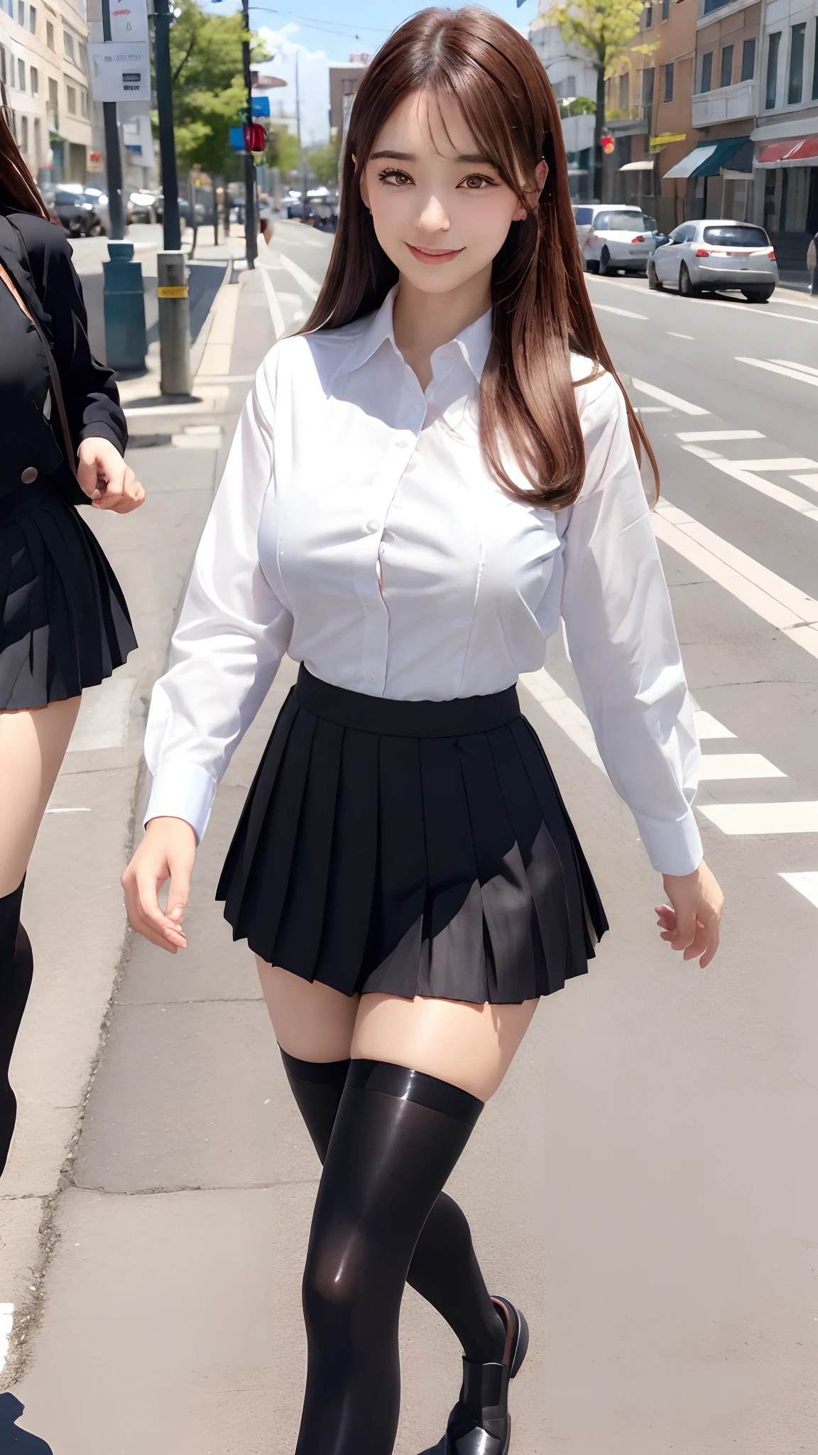 (8K, 超A high resolution, Best Quality, masutepiece:1.2),(18year old:1.2)、(Look away)、8K、RAW portrait of japanese girl、Photorealsitic、超A high resolution、top-quality、 (huge-breasted、Close all buttons on the shirt:1.4)(student clothes、Pure White Cutter Shirt、Pleated mini-skirt:1.4)、(walking on street:1.3) BREAK (Natural Skin Texture、Detailed skin、Hyper-Realism、ultra sharpness)、intricate detailes、depth of fields(Large opening in the thigh:1.2)、big eye、Thin makeup、bangss、Eye lashes、Crisp double、cheerful look、Dainty schoolgirl、Pure White Cutter Shirt、(Put a white shirt inside the skirt:1.3)、Show the armpits、Plaid pleated skirt(Long brown hair straight、Shiny legs、Black loafers、Black stockings:1.3)Red underwear