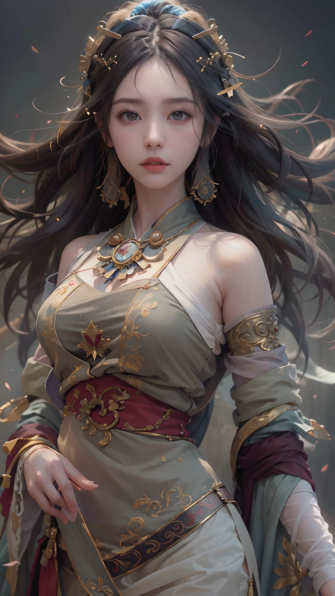 (RAW photos,best qualtiy),(realisticlying,photograph realistic:1.3),best qualtiy,highly detailed,tmasterpiece,Hyper-detailing,illustratio,1girll,The upper part of the body,dynamic angle,Masterpiece Theatre of the World,Long messy hair,best qualtiy,extremely detailed CG unity 8k wal,ink,astounding,cinmatic lighting,lens flare glow,Dunhuang style