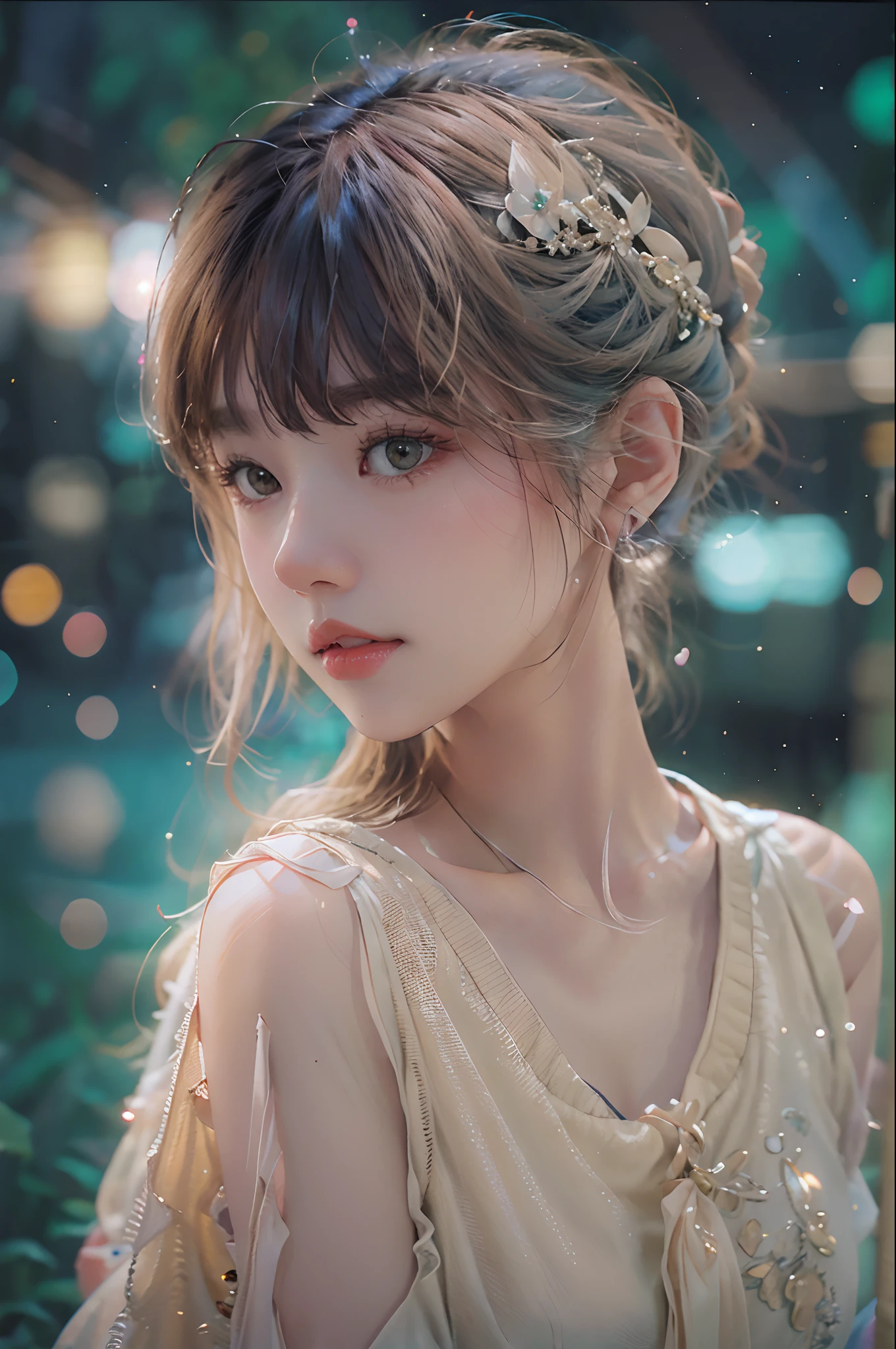 （Fluorescent color：1.4），（semi transparent：1.4），（retro filters：1.4），（fanciful：1.4），（photograph of a woman，1girll：1.2），cropped shoulders，cinmatic lighting, ssmile,short detailed hair，Black shawl straight hair，46 points oblique bangs，High-definition detail、Hyper-detailing、cinematic ligh、ultra-realistic realism、Soft light、Deep field focus bokeh，s the perfect face，beauitful face，beautidful eyes，（（Perfect female body）），Candy World Disneyland，aethereal、softness、fluffly、Soft landscape，Pastel pink sky，Green and blue luster，Ethereal light powder，Whimsical rainbow brilliance、As estrelas，diamond sparkles，Gemstone background，(Ultra photo realsisim)、(Super quality)、cinmatic lighting，huge detail，full HD painting，well-illuminated，