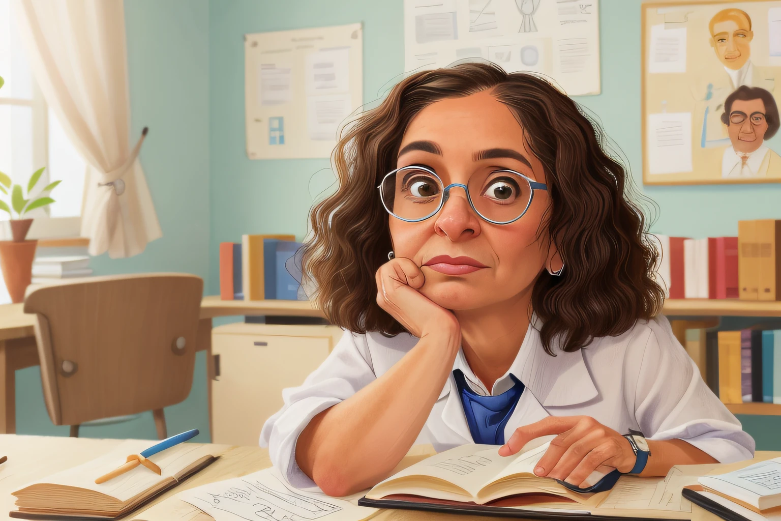 closeup, um retrato de professora abaixada conversando com aluno, who looks into his eyes at the same height as him and she also looks into his eyes, sala de aula ao fundo