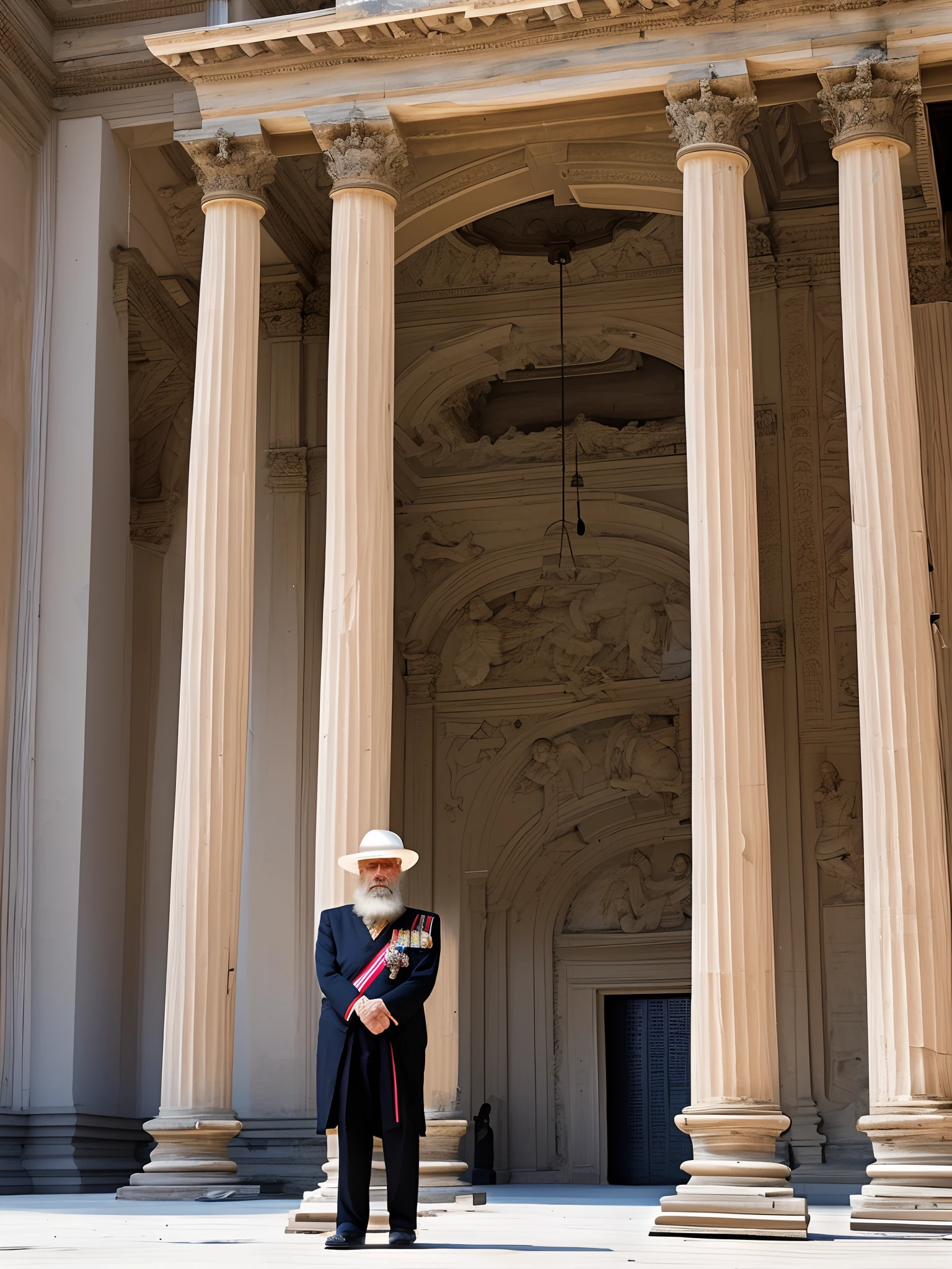 An elderly and dignified king, with a long beard and wise eyes, wearing royal attire.
- He is standing on the porch of a majestic palace, with columns and impressive architectural details.
- The c