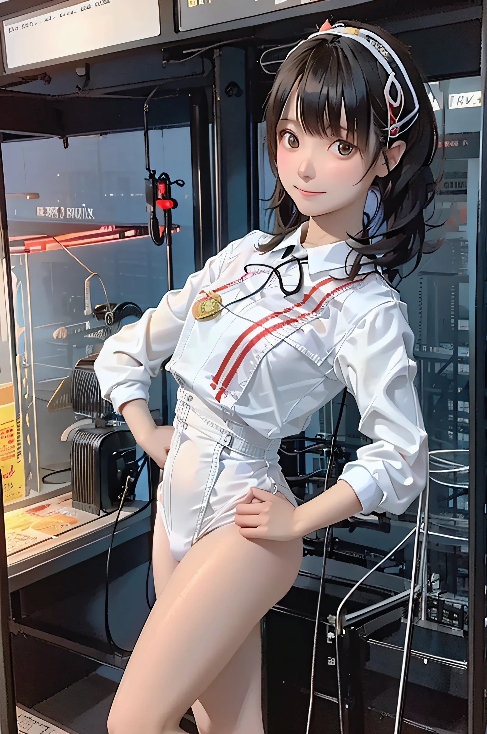 Cartoon photo of a woman in uniform, a picture, By Yasutomo Oka, pixiv, shin hanga, Big breasts!!, Highly detailed BD cover, Teasing smile, deep in the night, Full body like,(((masutepiece))), (((Best Quality))), ((Ultra-detailed)), (CG Illustration), ((extremely delicate and beautiful)),(thick leg),Cinematic Light, ((1 Mechanical Girl)), single body, full body Esbian,(Machine-made joints:1.2),((Mechanical limb)),(Blood vessels attached to tubes),(The mechanical spine is attached to the back),((A mechanical cervical vertebrae are attached to the neck)),(Camel toes),expressionless face,(wires and cables around the neck:1.2),(wires and cables on head:1.2)(Character Focus),sci-fy,White background,Extremely fine,Farbe,