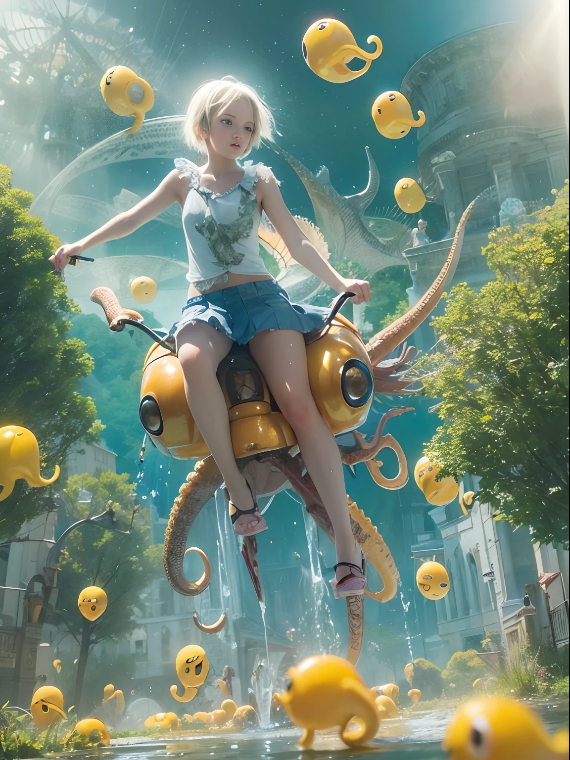 (Best Quality, Masterpiece: 1.1), (Realistic: 1.4), Beautiful naked schoolgirl is riding on the yellow octopus, god ray, teen, silver short hair, blue eyes, full body, from below, hourglass body shape, flying over the park, crystallineAI, fractal art, splash