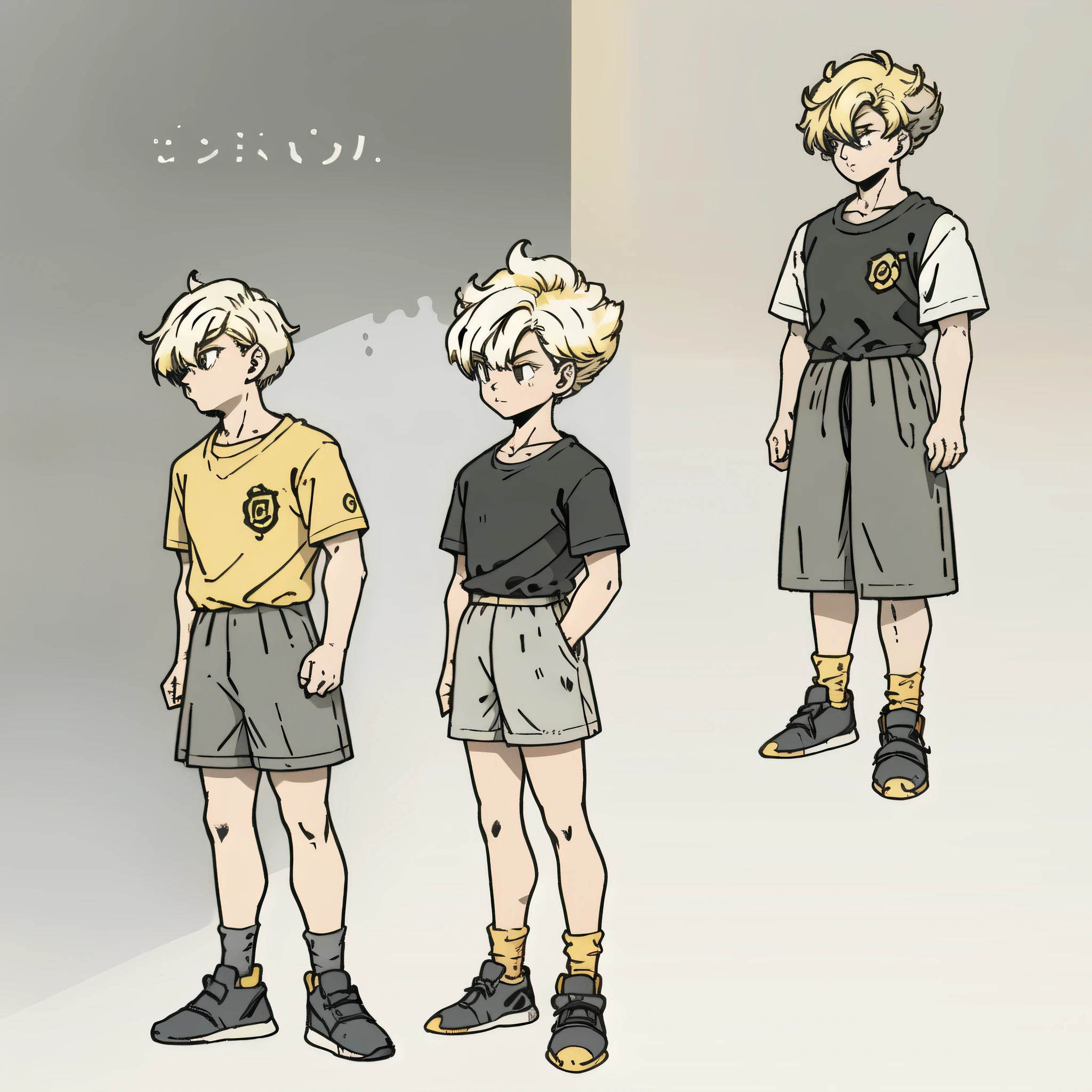 Yellow-haired boy，Wear white short sleeves，grey shorts，are standing，frontage