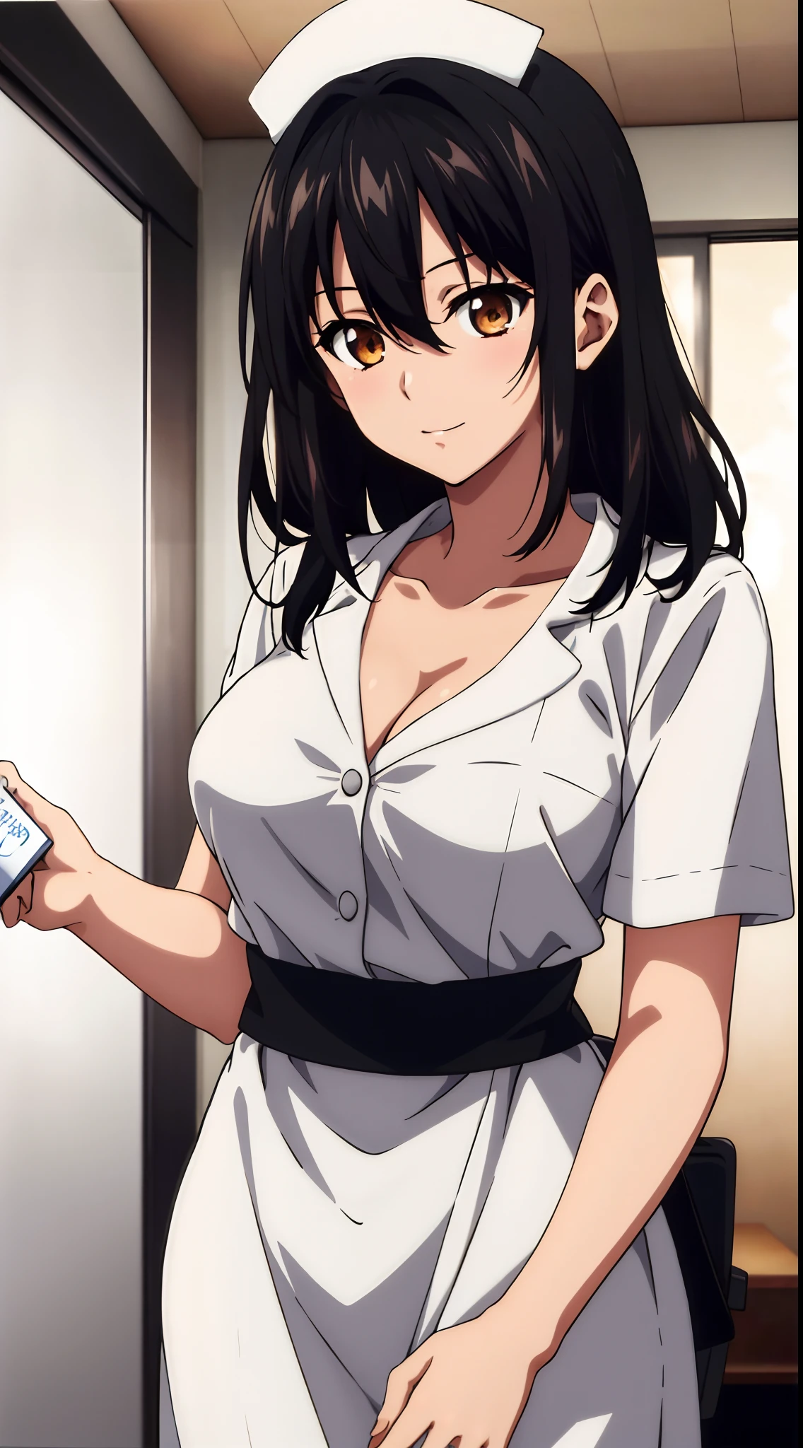 masterpiece, best quality, 1 girl, himeragi yukina, brown eyes, black hair, hair between eyes, medium hair, medium breasts, ((nurse))