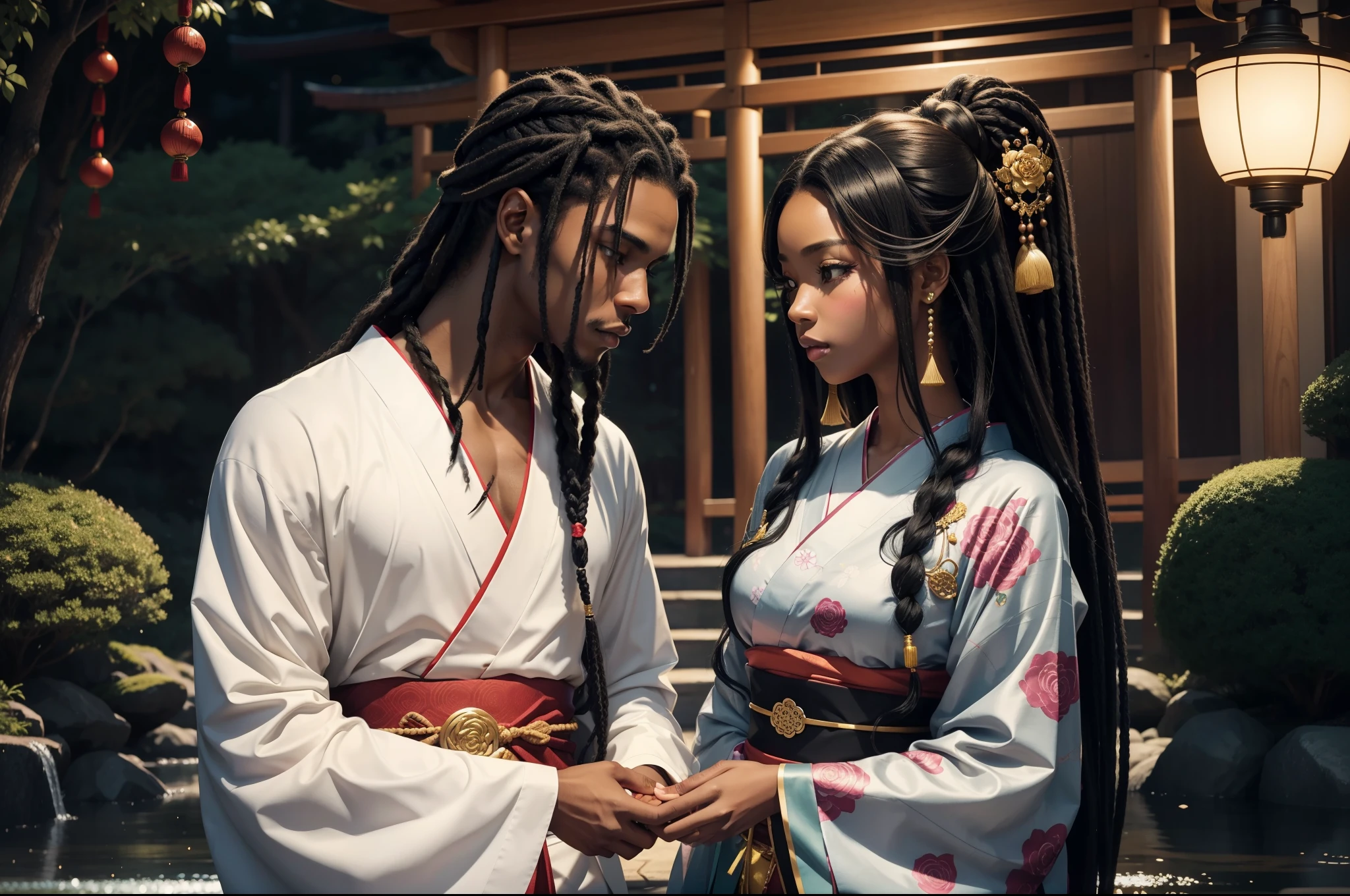 "Create a striking digital art piece that celebrates black culture and romance in an anime-inspired style. Portray a serene scene with a river, abundant trees, and falling rose petals. The main focus is a passionate couple - a man and a woman with beautifully light black skin. The man possesses a distinctive appearance with forward-facing white dreadlocks that have a Love Craft twist. He wears a Love Craft-influenced Japanese yukata, his hands tenderly placed on the woman's waist. The woman's hair, a gorgeous display of black hair adorned with golden beads, cascades gracefully. She wears a captivating traditional Japanese kimono, embellished with Love Craft elements. The artwork should captivate viewers with its perfect lighting, harmoniously blending black culture and anime aesthetics, while showcasing the couple's romantic connection."