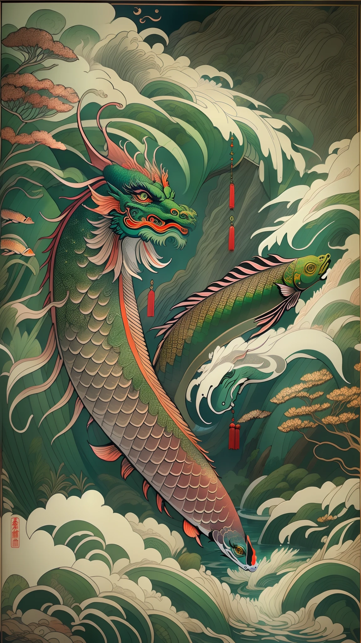 dim moonlit night ,In Japanese legend, a carp climbs a waterfall and becomes a oriental dragon (an auspicious creature in Chinese mythology), 🐲. koi fish, carp (esp. the Japanese carp, Cyprinus carpio), The carp swims towards the upper reaches of the waterfall, the dragon ascends to the sky, High waterfalls, cascades, rocks, splashes, spray. electronic circuit pattern, (Best quality), (masterpiece:1.3), ultra-detailed, (realistic), (photorealistic), Modest exposure,