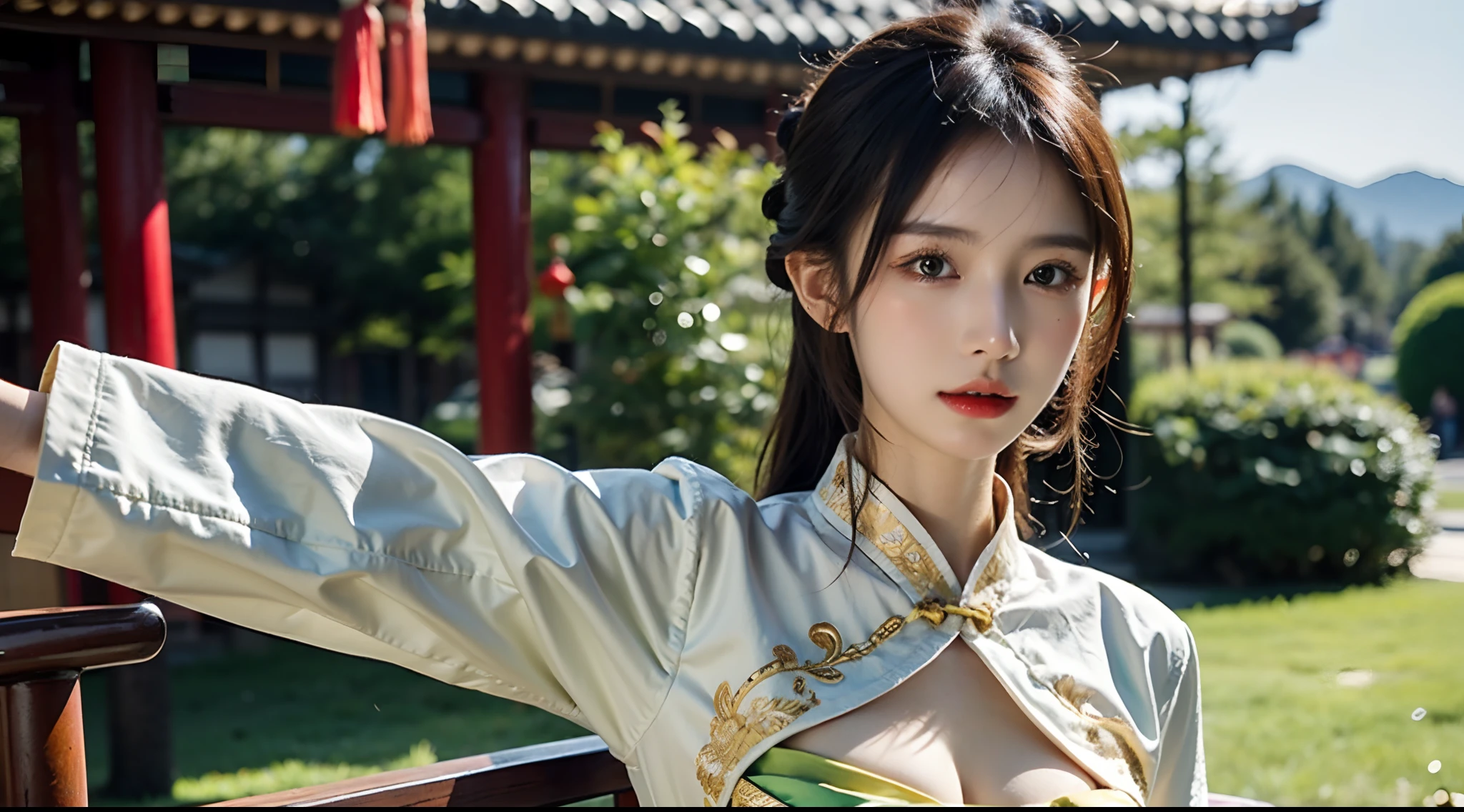 (A half body，Close-up，closeup cleavage：1.2)，Arakfi Asian woman sitting in chair，Wearing a green and gold dress, (outside,hot onsen，florals，grassy，nevando） ， A girl in Hanfu, Hanfu, Cheongsam, with acient chinese clothes, Traditional beauty, Traditional Chinese clothing, Wearing ancient Chinese clothes, Chinese style, Chinese dress, Chinese costume, Chinese traditional, Chinese girl, wearing ornate silk clothes，Redlip,（solo person）