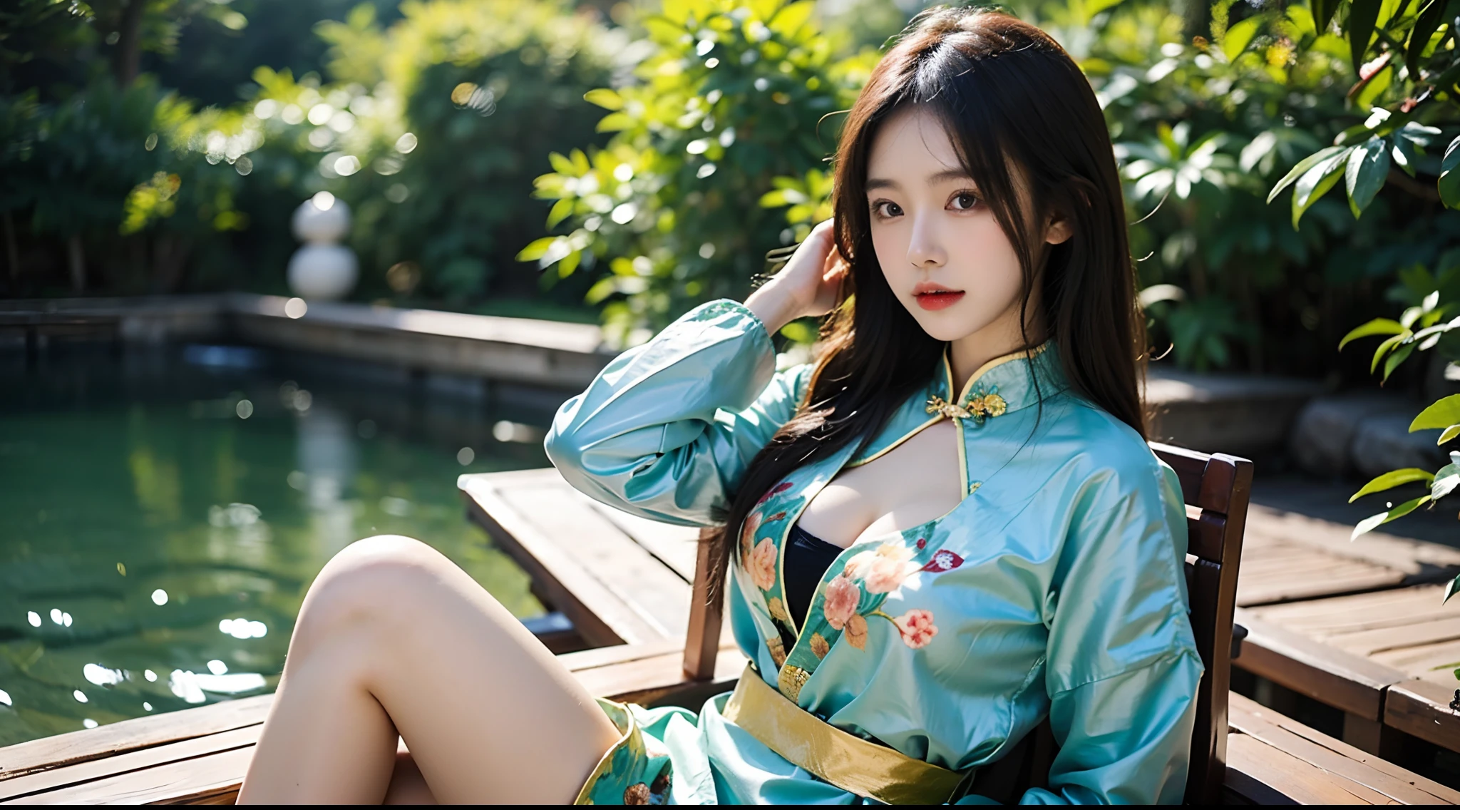 (A half body,Close-up,closeup cleavage:1.2),Arakfi Asian woman sitting in chair,Wearing a green and gold dress, (outside,hot onsen,florals,grassy,nevando) , A girl in Hanfu, Hanfu, Cheongsam, with acient chinese clothes, Traditional beauty, Traditional Chinese clothing, Wearing ancient Chinese clothes, Chinese style, Chinese dress, Chinese costume, Chinese traditional, Chinese girl, wearing ornate silk clothes,Redlip,(solo person)