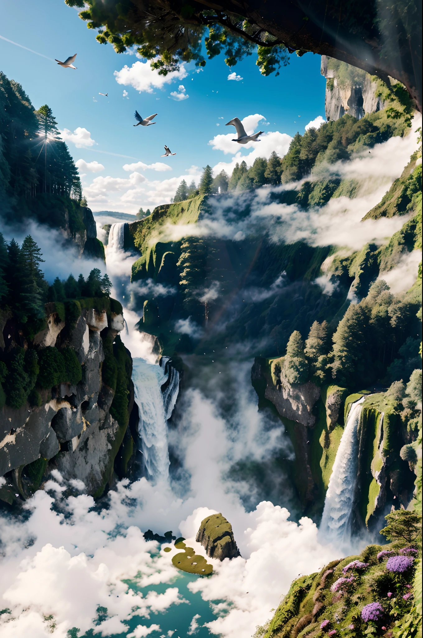 Flying on the cliff, above the very high waterfall, look down on the fluctuating pond, high sunlight, blue sky, white cloud, birds, forest, trees, 8K, masterpiece, best quality, high resolution, extremely full detailed