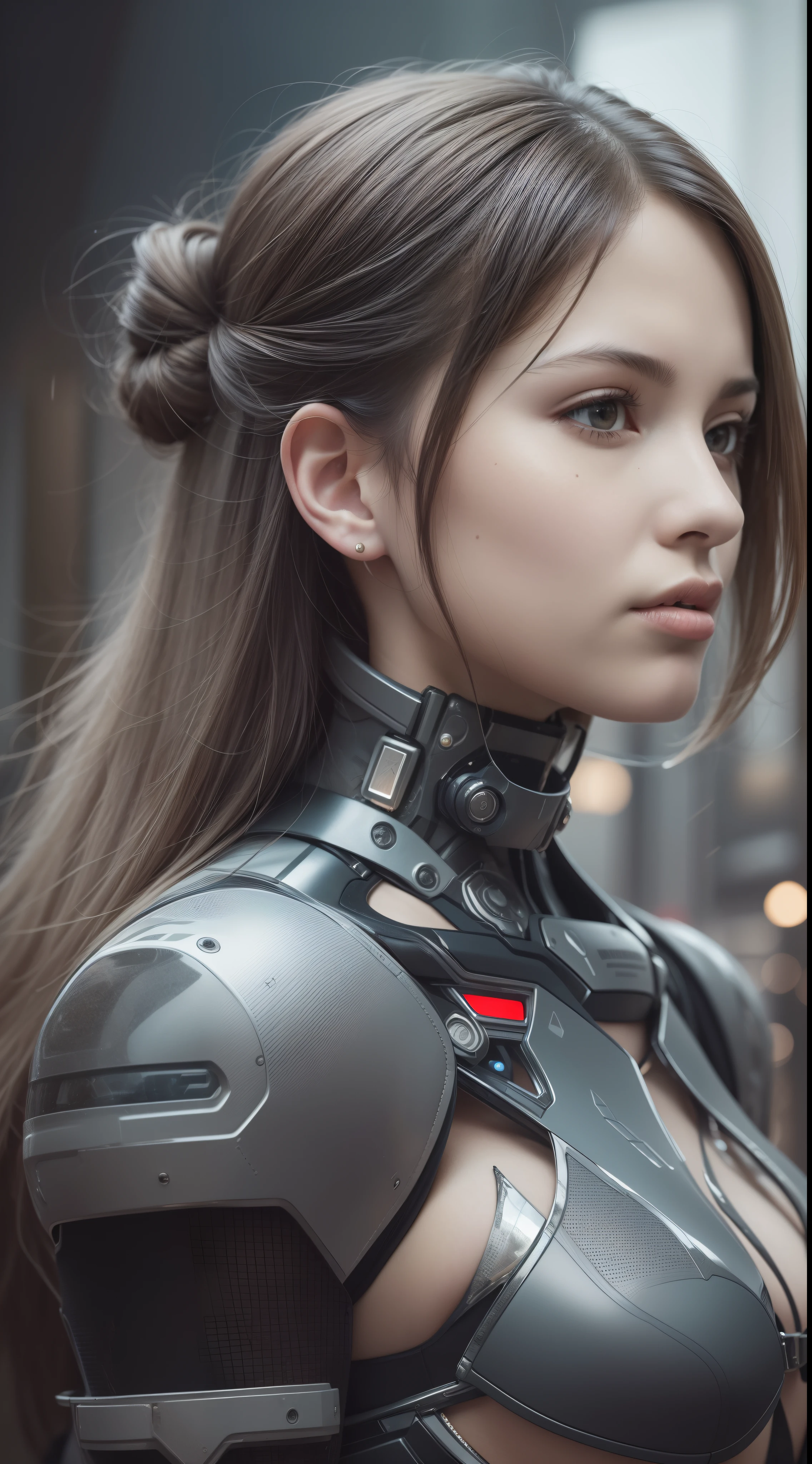 High resolution, master works, 8K, high detail, beauty, exquisite face, sexy and beautiful body, revealing posture, whole body, future city streets, mecha equipment, future science and technology, cyberpunk atmosphere, ambient lighting such as movie quality, real scenes, highly detailed portrayal,