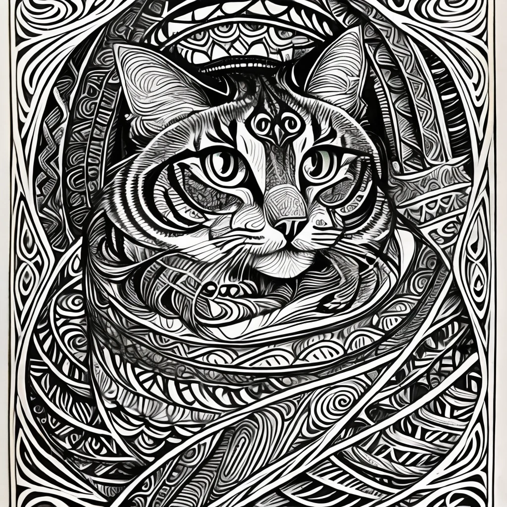 Maincoon cat, (best quality) zentangle, fine line drawing, fine line art, colouring book illustrations, ultra-detailed, intricate linework, highly detailed illustration, perfect composition, beautiful and stunning, dynamic angle, high contrast, incredible shading, incredible detail, unique style, multi colored details, (dark and mystical atmosphere), intricate and detailed nature elements.