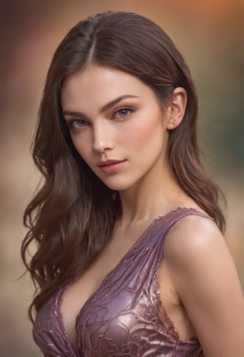 Photorealistic head-to-toe image of a gorgeous brunette woman wearing a tight gala-dress and a large fedora, Colorants naturels, pose dynamique, Kinematic image, —Niji 5 — Expressive style Textured detail Gorgeous face, detailed skin, Looking with purple eyes on camera, Rendu octane, Hdr, couvrir, unzoom, luminisme, Bar lighting, complexe, 8k Resolution Portrait Bioluminescens Fractal Isometry Details : Stunning realistic photography