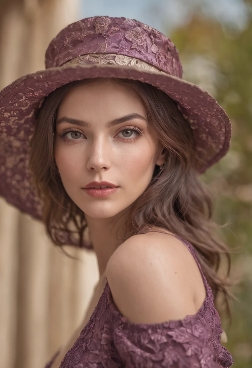 Photorealistic head-to-toe image of a gorgeous brunette woman wearing a tight gala-dress and a large fedora, Colorants naturels, pose dynamique, Kinematic image, —Niji 5 — Expressive style Textured detail Gorgeous face, detailed skin, Looking with purple eyes on camera, Rendu octane, Hdr, couvrir, unzoom, luminisme, Bar lighting, complexe, 8k Resolution Portrait Bioluminescens Fractal Isometry Details : Stunning realistic photography