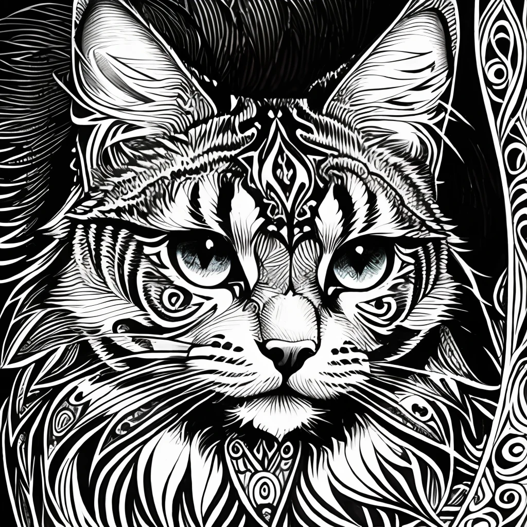 Maincoon cat, (best quality) zentangle, fine line drawing, fine line art, colouring book illustrations, ultra-detailed, intricate linework, highly detailed illustration, perfect composition, beautiful and stunning, dynamic angle, high contrast, incredible shading, incredible detail, unique style, multi colored details, (dark and mystical atmosphere), intricate and detailed nature elements.