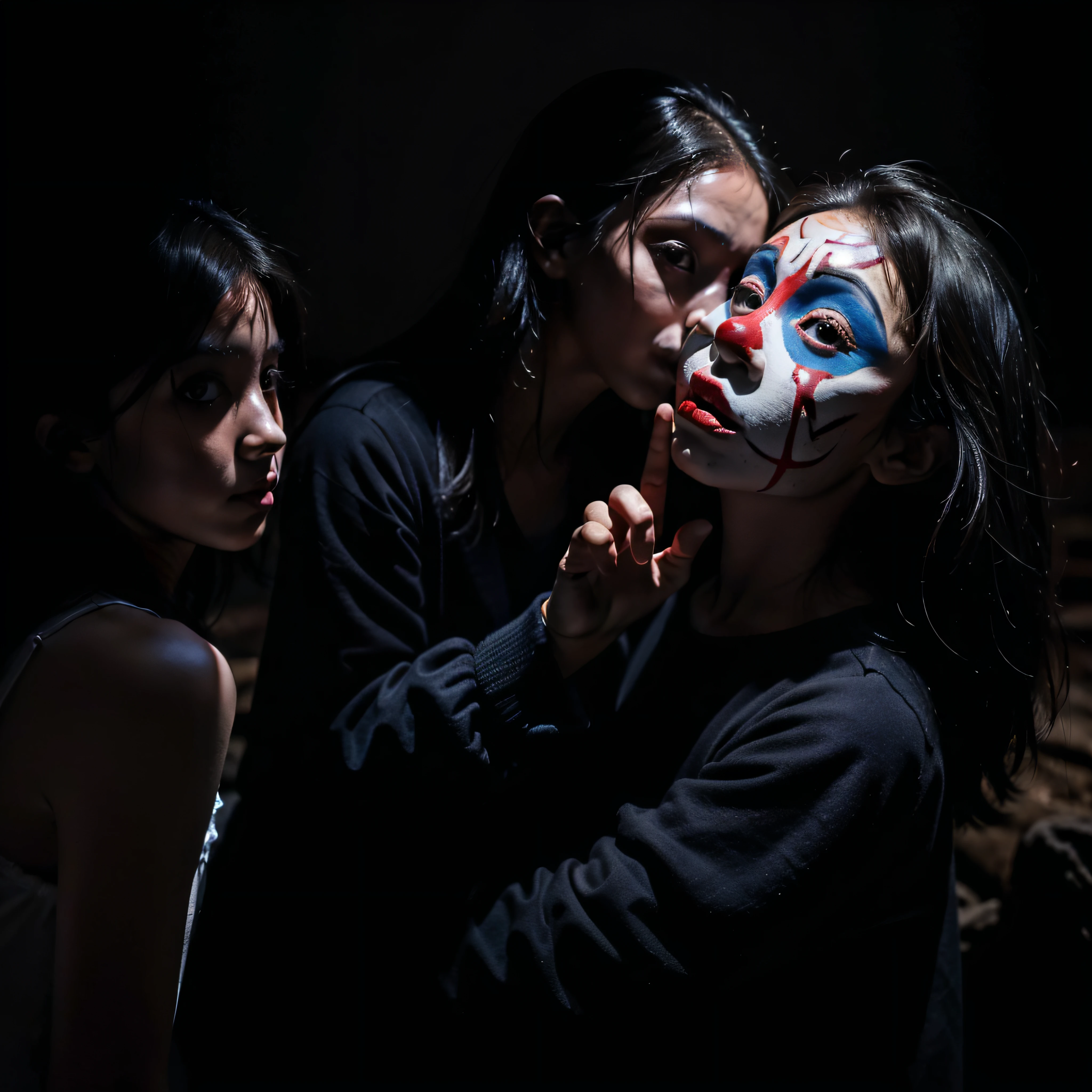 (extremadamente detallado, obra maestra, La mejor calidad, foto antigua, principios de siglo) dark kids with horror clown masks, colmillos, una linterna directa lo ilumina, bosque de noche. plano cercano. sangre por el suelo.
