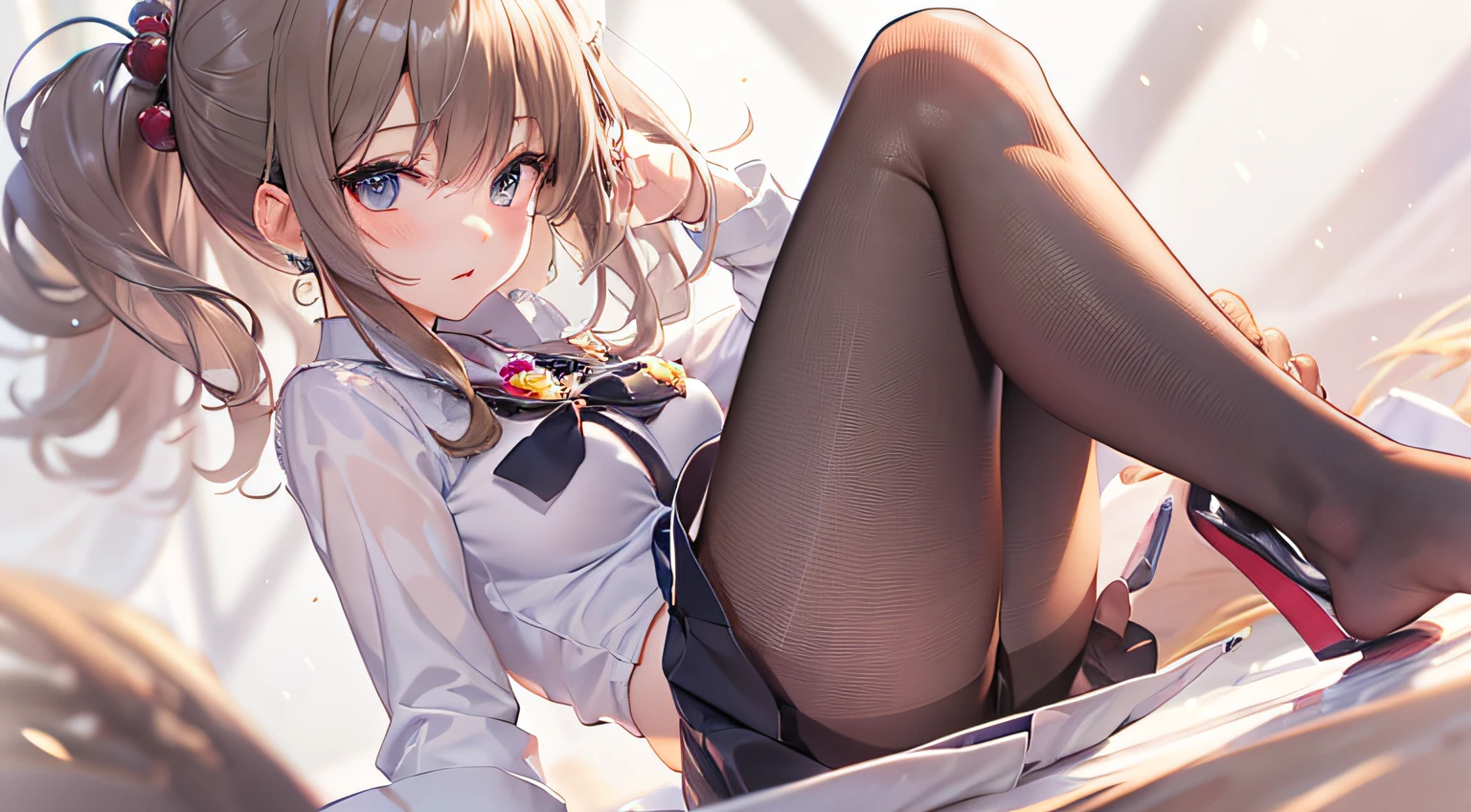 japanes、An 18-year-old woman、White shirt、a short skirt、see -through、Eyes Like Gems、Anime Art Style、High pressure expression、Full body、Pose Seductive、Black pantyhose、