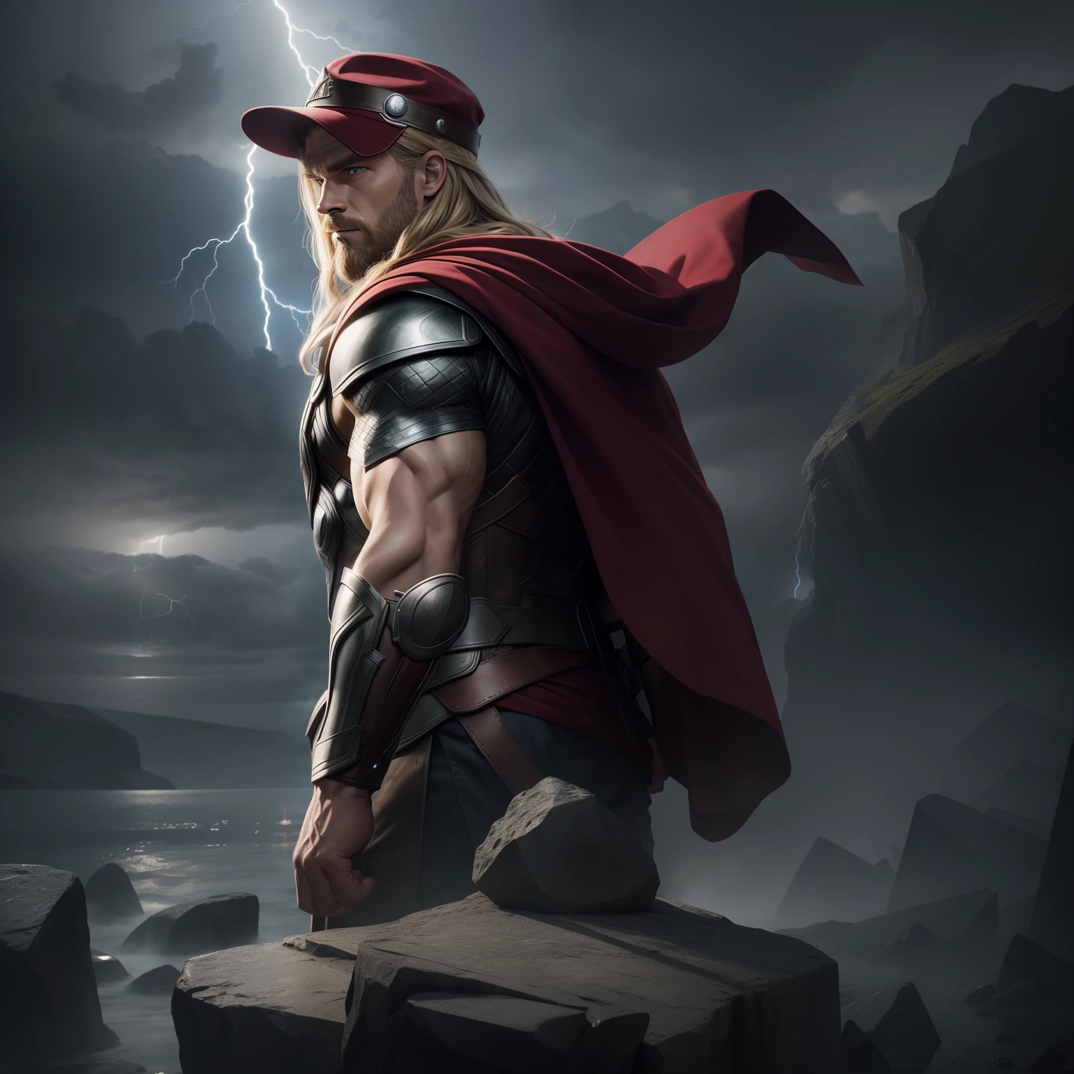 "A photorealistic representation of Thor transformed into a hat. The hat retains Thor's iconic red cape and features intricate details inspired by his armor and Mjolnir. The scene is set outdoors in a thunderstorm, with the hat displayed on a stone pedestal. Lightning illuminates the scene, casting dramatic shadows. The camera captures a close-up shot with a 85mm lens, highlighting the realistic textures and contours of the hat's transformation. The lighting creates a sense of epic grandeur. The resolution is set at 4K to showcase the intricate details."