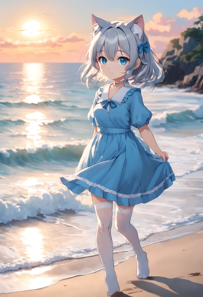 8K exquisite perfection Japanese manga style 2D silver hair cat ears azure blue eyes little loli wearing sky blue dress wearing white stockings Look ahead(Beach and sky in the background)