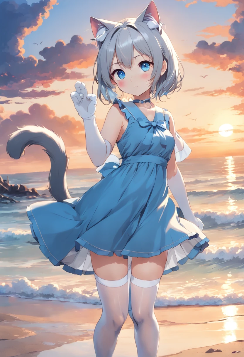 8K exquisite perfection Japanese manga style 2D silver hair cat ears azure blue eyes little loli wearing sky blue dress wearing white stockings Look ahead(Beach and sky plus sunset in the background)
