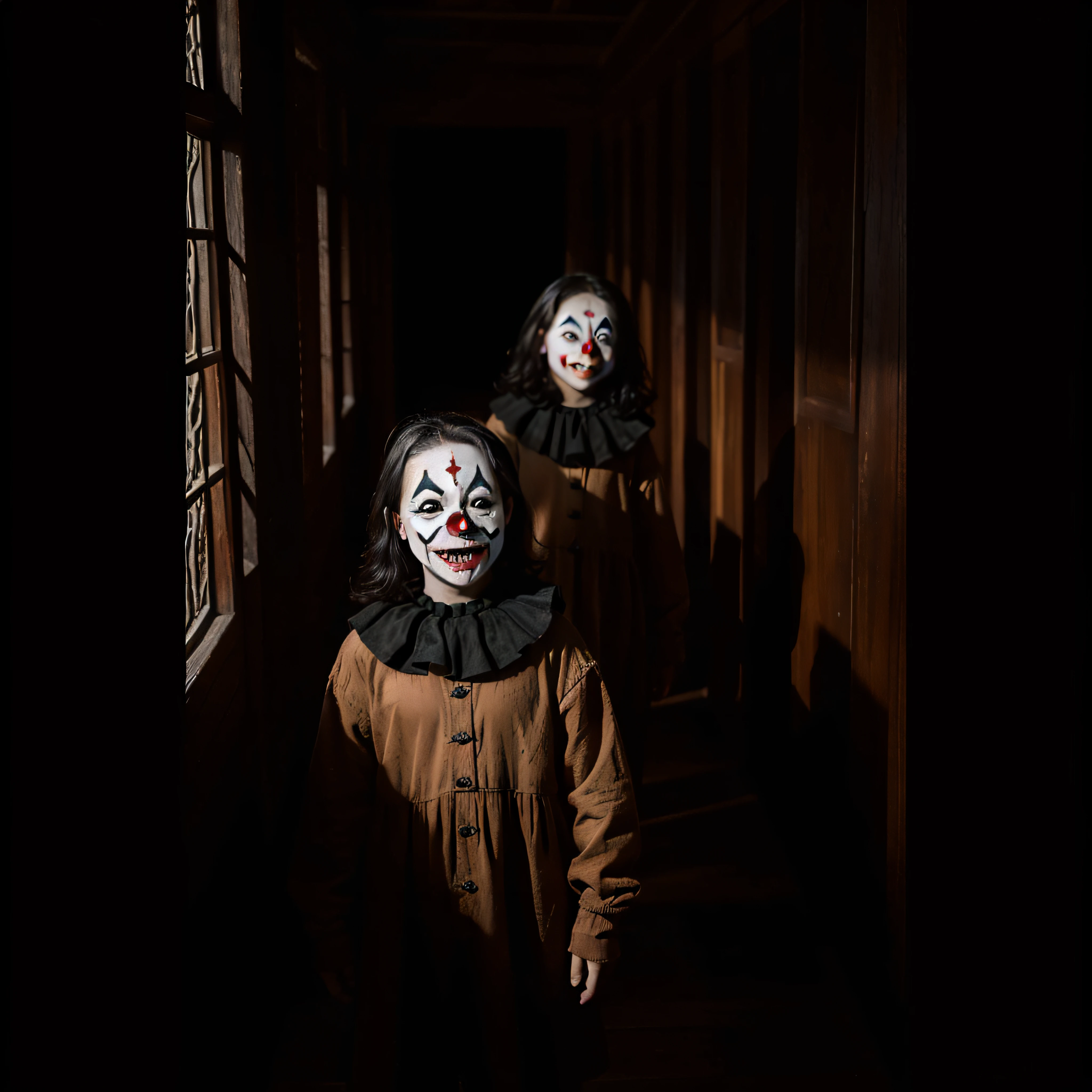 (extremadamente detallado, obra maestra, La mejor calidad, foto antigua, principios de siglo) dark kids with horror clown masks, colmillos, una linterna directa lo ilumina, bosque de noche. plano cercano. sangre por el suelo.