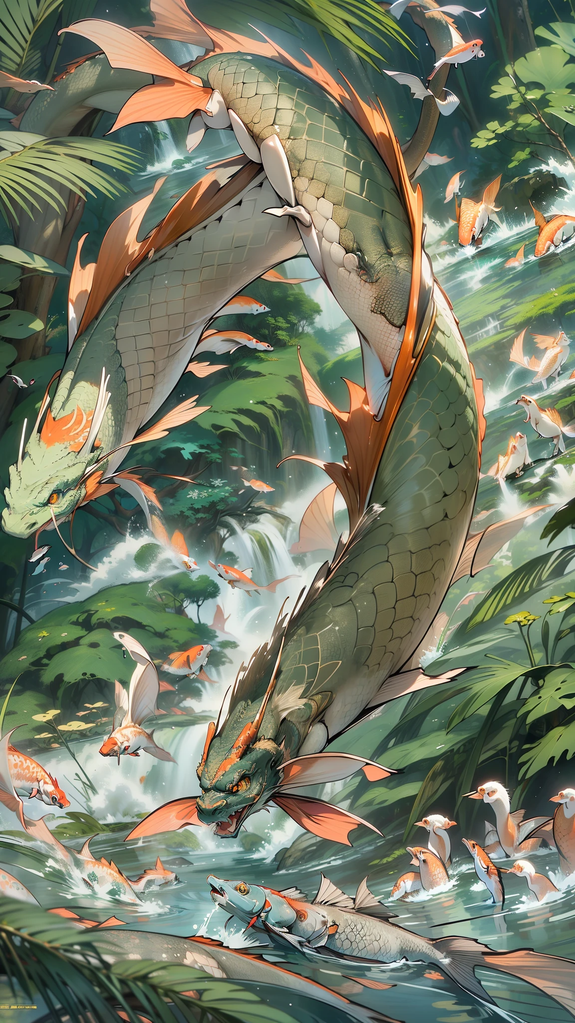 dim moonlit night ,In Japanese legend, a carp climbs a waterfall and becomes a oriental dragon (an auspicious creature in Chinese mythology), 🐲. koi fish, carp (esp. the Japanese carp, Cyprinus carpio), The carp swims towards the upper reaches of the waterfall, the dragon ascends to the sky, High waterfalls, cascades, rocks, splashes, spray. electronic circuit pattern, (Best quality), (masterpiece:1.3), ultra-detailed, (realistic), (photorealistic), Modest exposure,