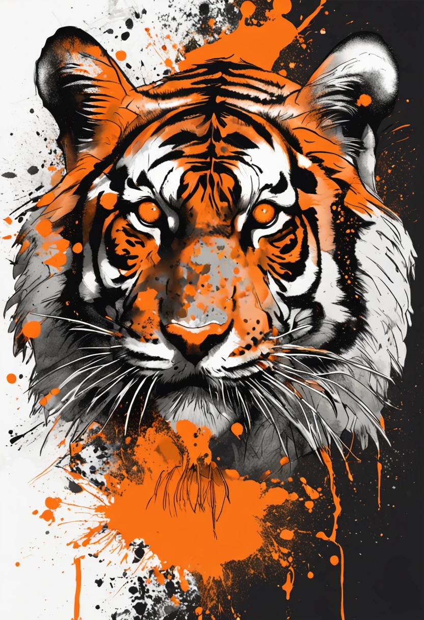 "tiger with orange eyes image with paint splatter sketch effect Realistic black and gray tattoo artwork with ."