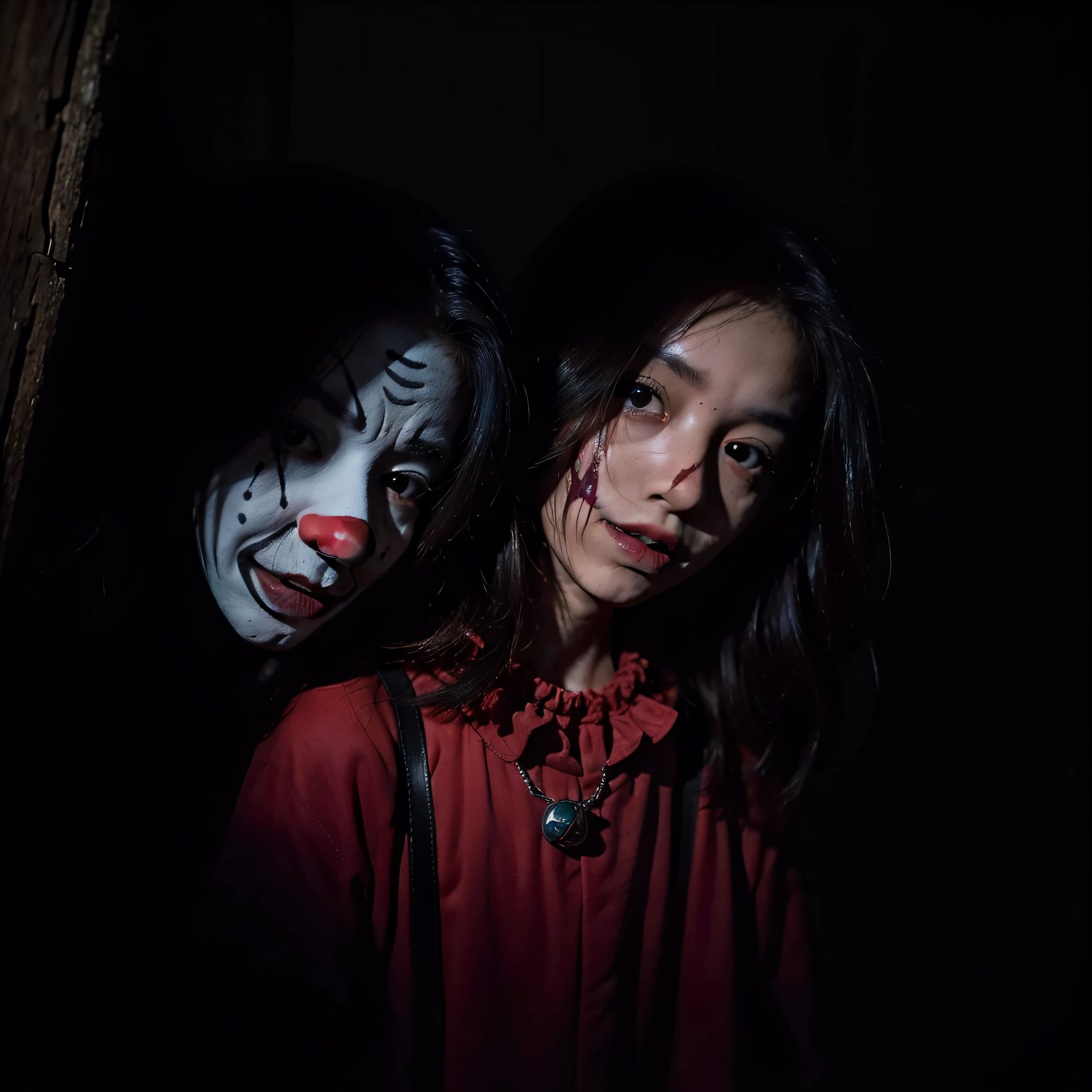 (extremadamente detallado, obra maestra, La mejor calidad, foto antigua, principios de siglo) dark kids with horror clown masks, colmillos, una linterna directa lo ilumina, bosque de noche. plano cercano. sangre por el suelo.