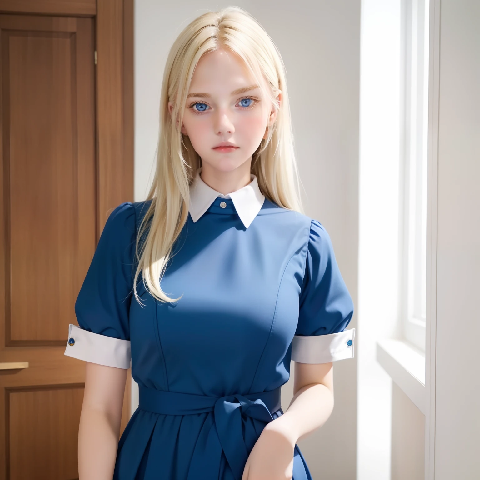 (best quality, 4k, 8k, highres, masterpiece:1.2),hyperrealistic,school girl (20 years old),(very beautiful,beautiful:1.1) detailed (blue-eyed,beautiful detailed eyes:1.1, blue eyes:1.1) (blonde-haired, blonde hair:1.1) girl, (wearing, dressed in) a (school, girl) uniform,(sitting on,sitting at,occupied desk,desk) with (open legs, legs apart),(with, against) a (blue, bluish) (background, backdrop),(touching, caressing, grazing)(her, girl's) (legs, thighs),(in a, at a, typical) (teen, age) (shot, sitting position),(captured, rendered, portrayed) in (8k ultra, ultra-high definition, high definition) resolution.